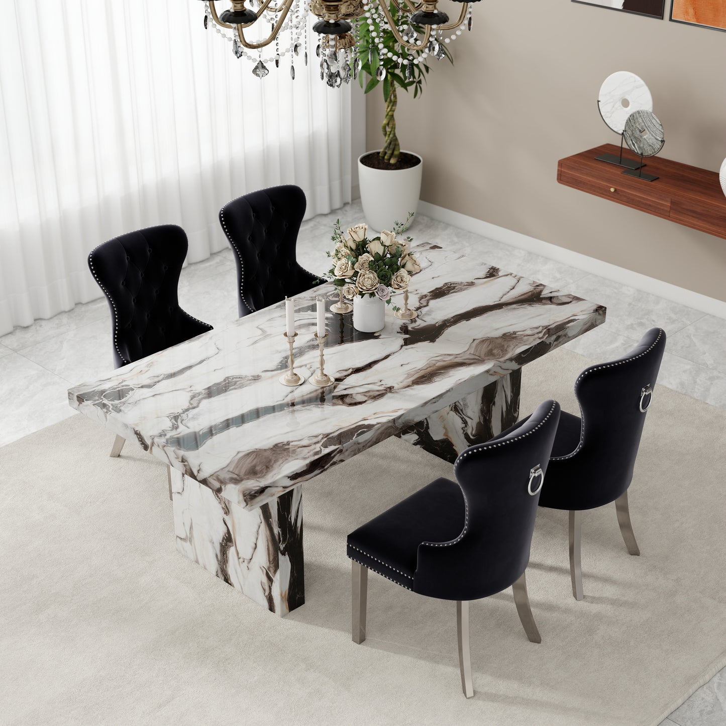 Roundhill Furniture Cavira Modern Dining Set, Faux Marble Dining Table with Four Chairs