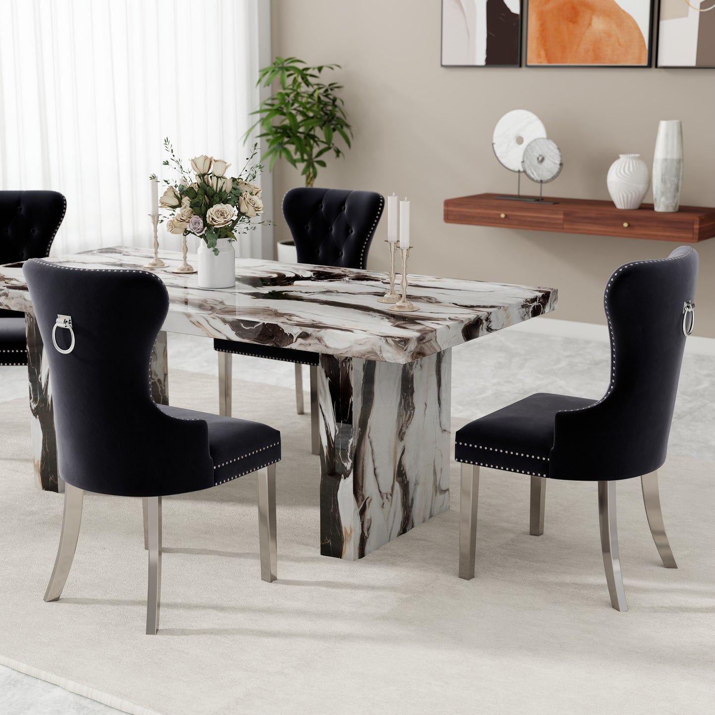 Roundhill Furniture Cavira Modern Dining Set, Faux Marble Dining Table with Four Chairs