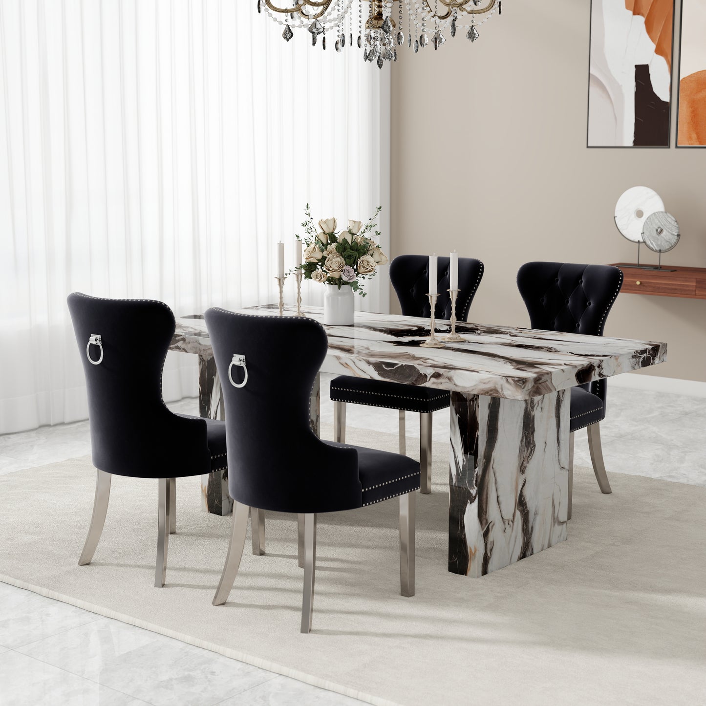 Roundhill Furniture Cavira Modern Dining Set, Faux Marble Dining Table with Four Chairs
