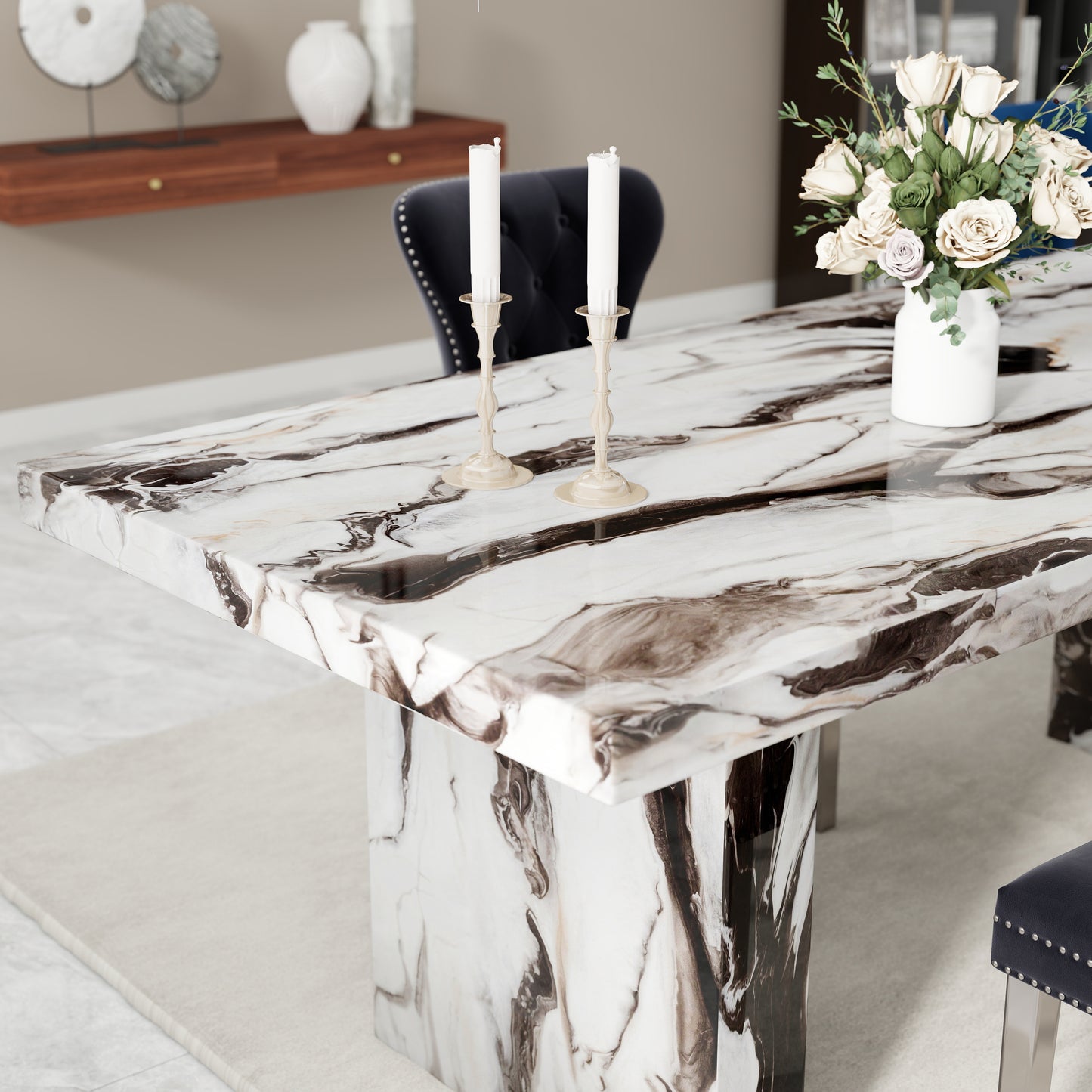 Roundhill Furniture Cavira Modern Dining Set, Faux Marble Dining Table with Four Chairs