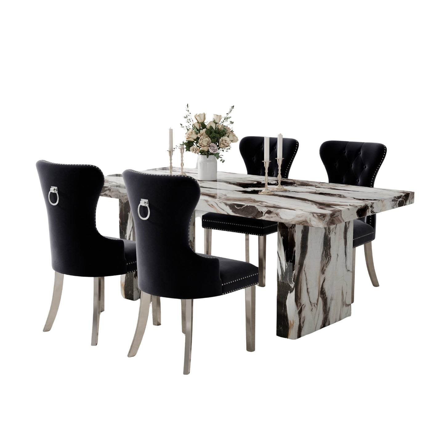 Roundhill Furniture Cavira Modern Dining Set, Faux Marble Dining Table with Four Chairs