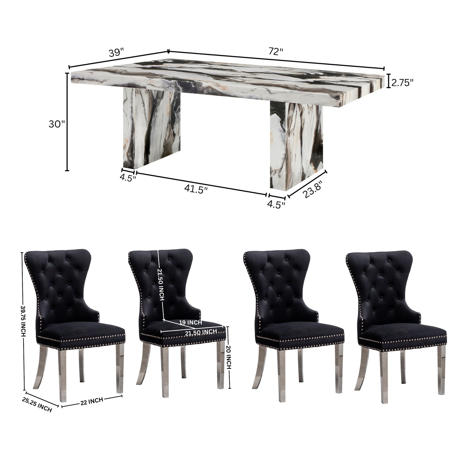 Roundhill Furniture Cavira Modern Dining Set, Faux Marble Dining Table with Four Chairs