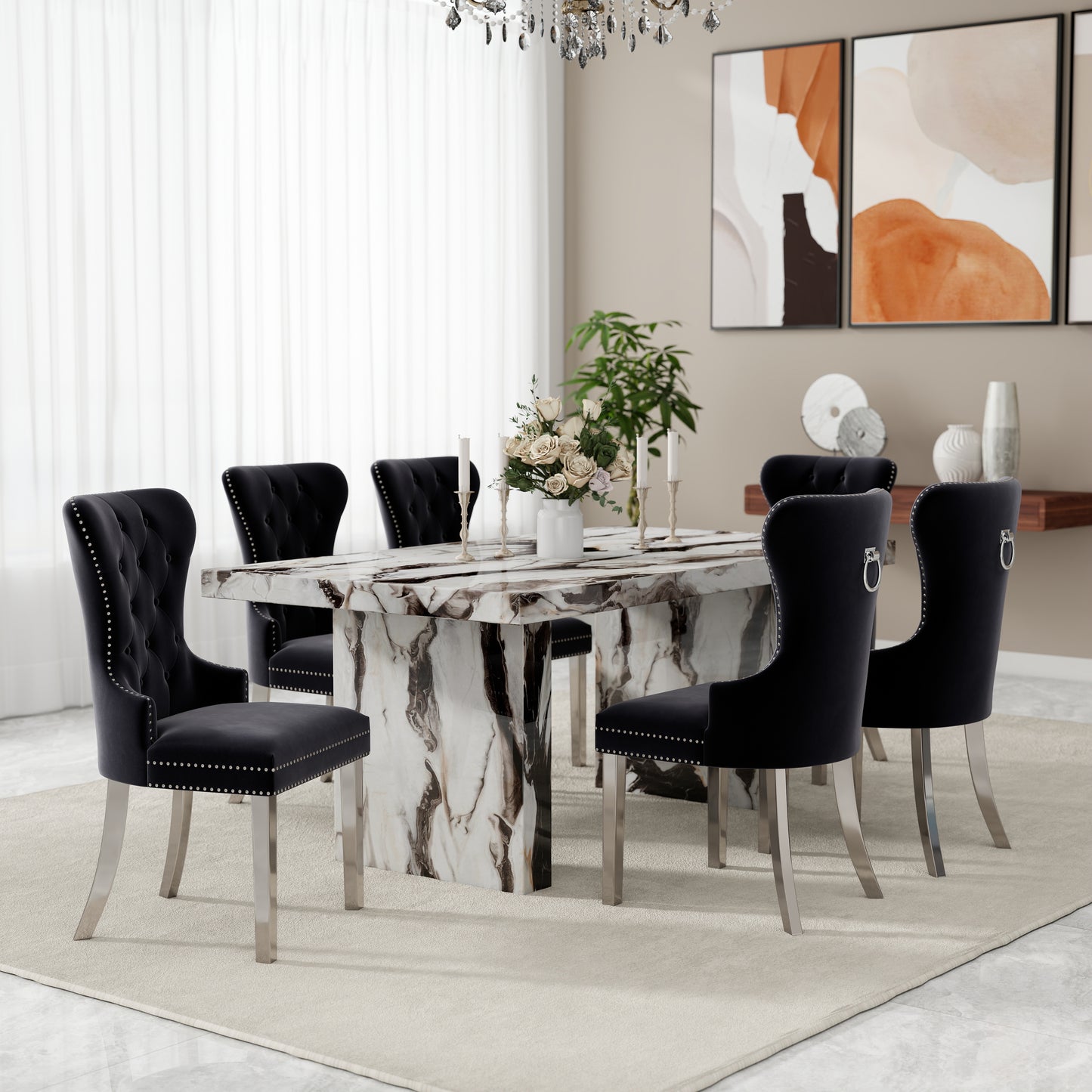 Roundhill Furniture Cavira Modern Dining Set, Faux Marble Dining Table with Four Chairs