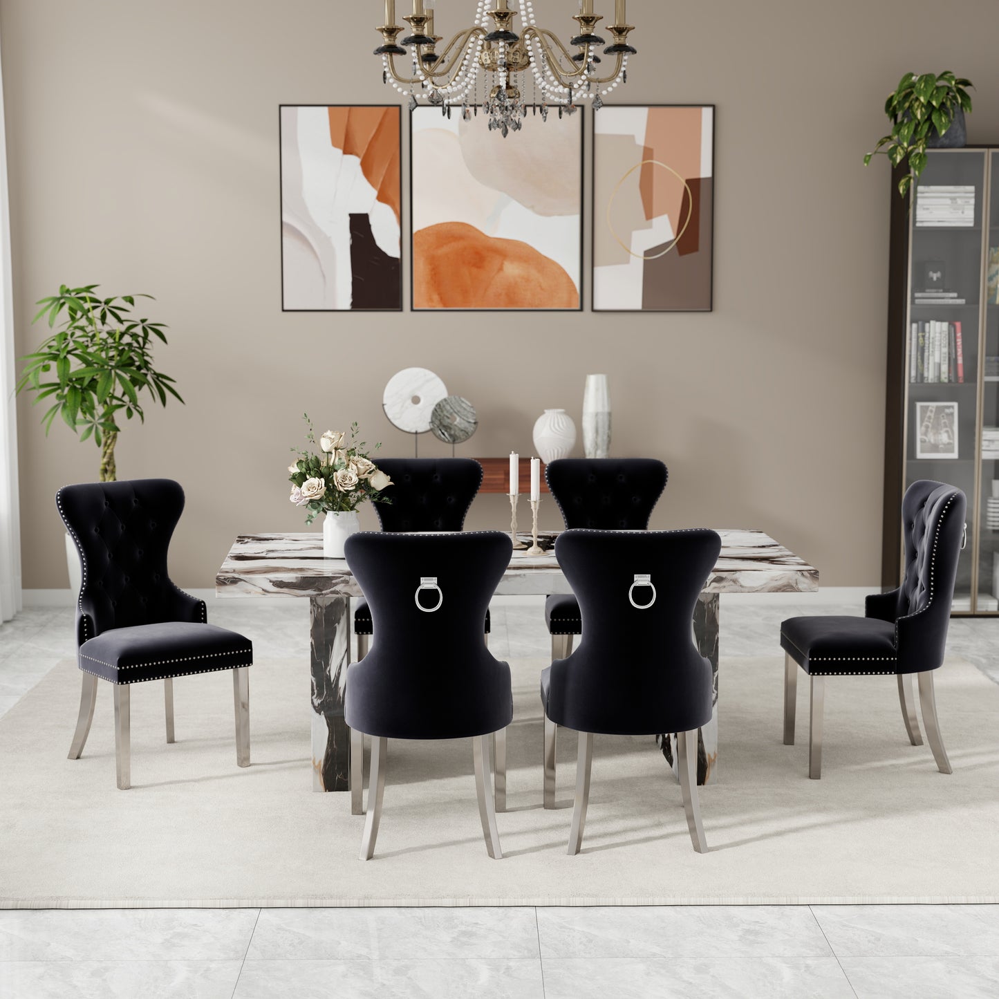 Roundhill Furniture Cavira Modern Dining Set, Faux Marble Dining Table with Four Chairs