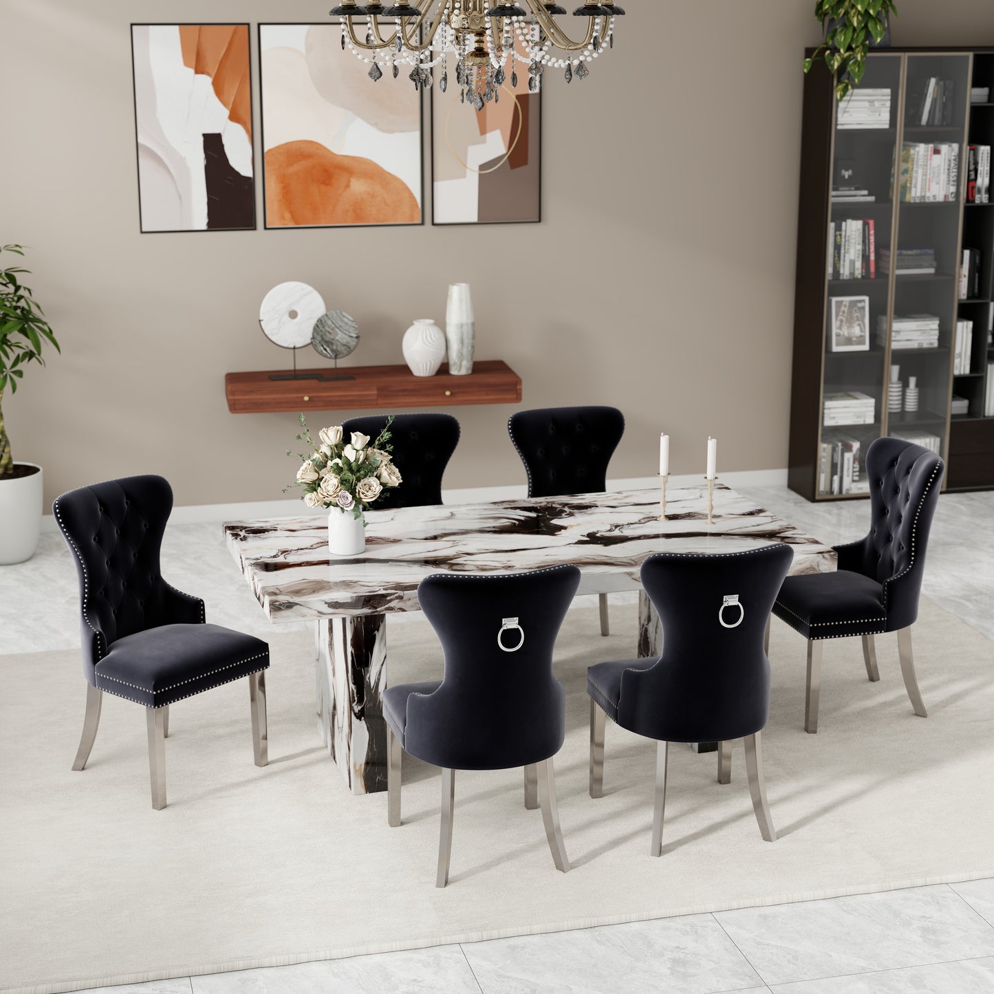 Roundhill Furniture Cavira Modern Dining Set, Faux Marble Dining Table with Four Chairs