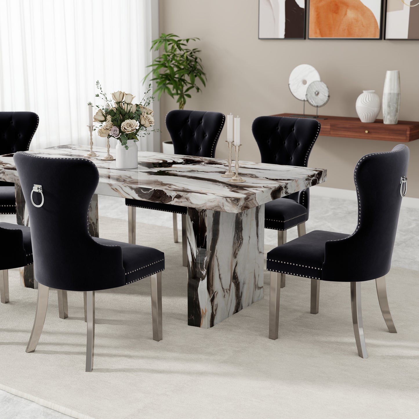 Roundhill Furniture Cavira Modern Dining Set, Faux Marble Dining Table with Four Chairs
