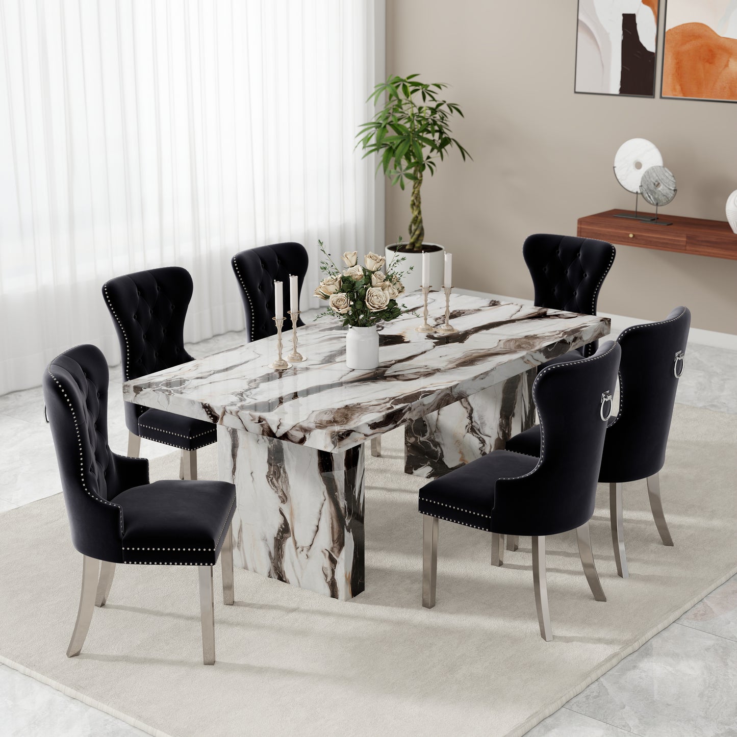 Roundhill Furniture Cavira Modern Dining Set, Faux Marble Dining Table with Four Chairs