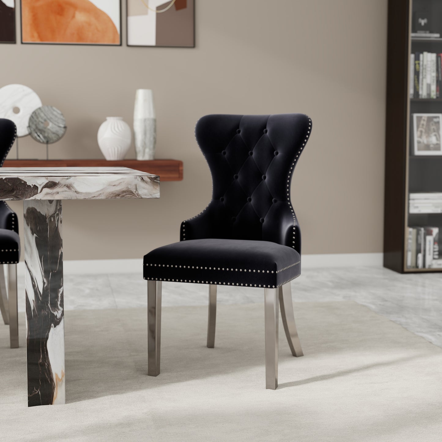 Roundhill Furniture Cavira Modern Dining Set, Faux Marble Dining Table with Four Chairs