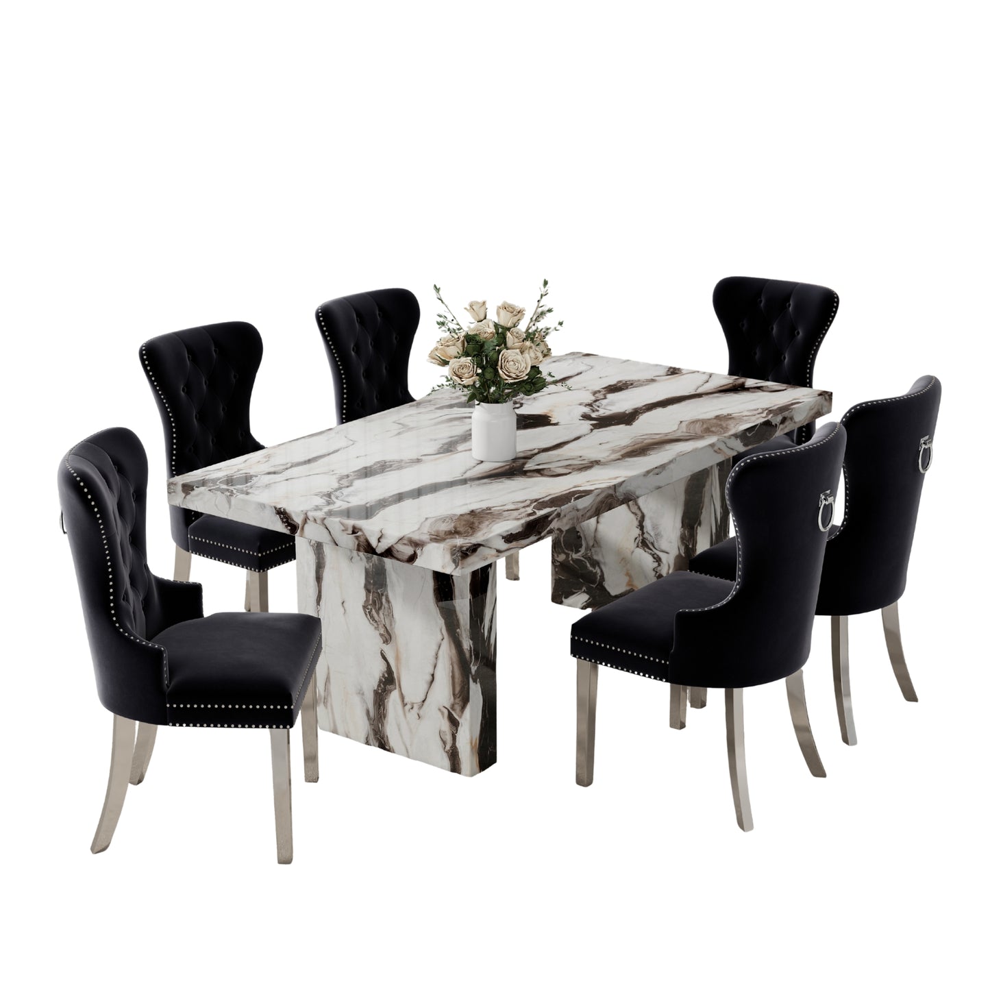 Roundhill Furniture Cavira Modern Dining Set, Faux Marble Dining Table with Four Chairs