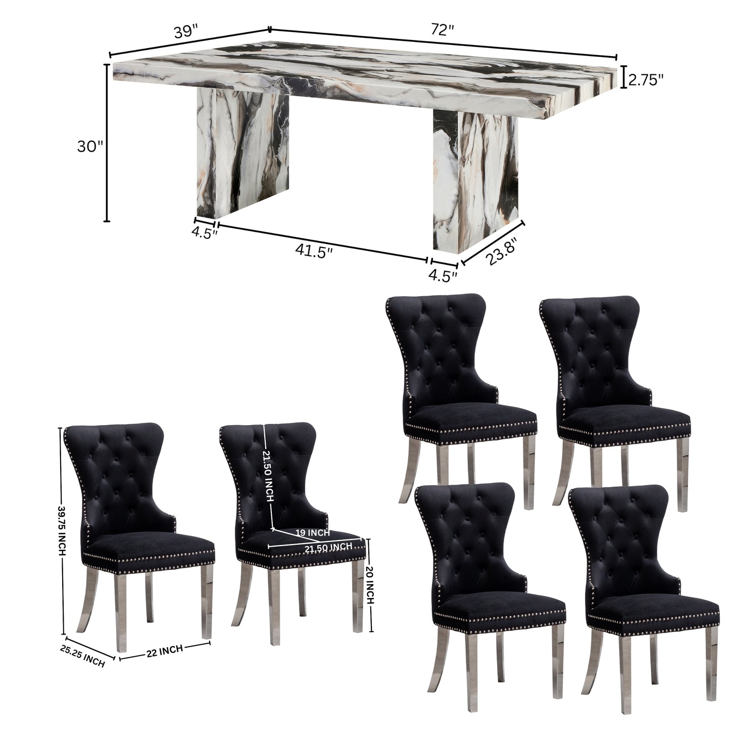 Roundhill Furniture Cavira Modern Dining Set, Faux Marble Dining Table with Four Chairs