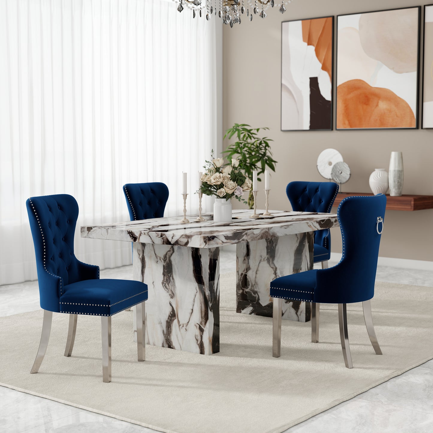 Roundhill Furniture Cavira Modern Dining Set, Faux Marble Dining Table with Four Chairs