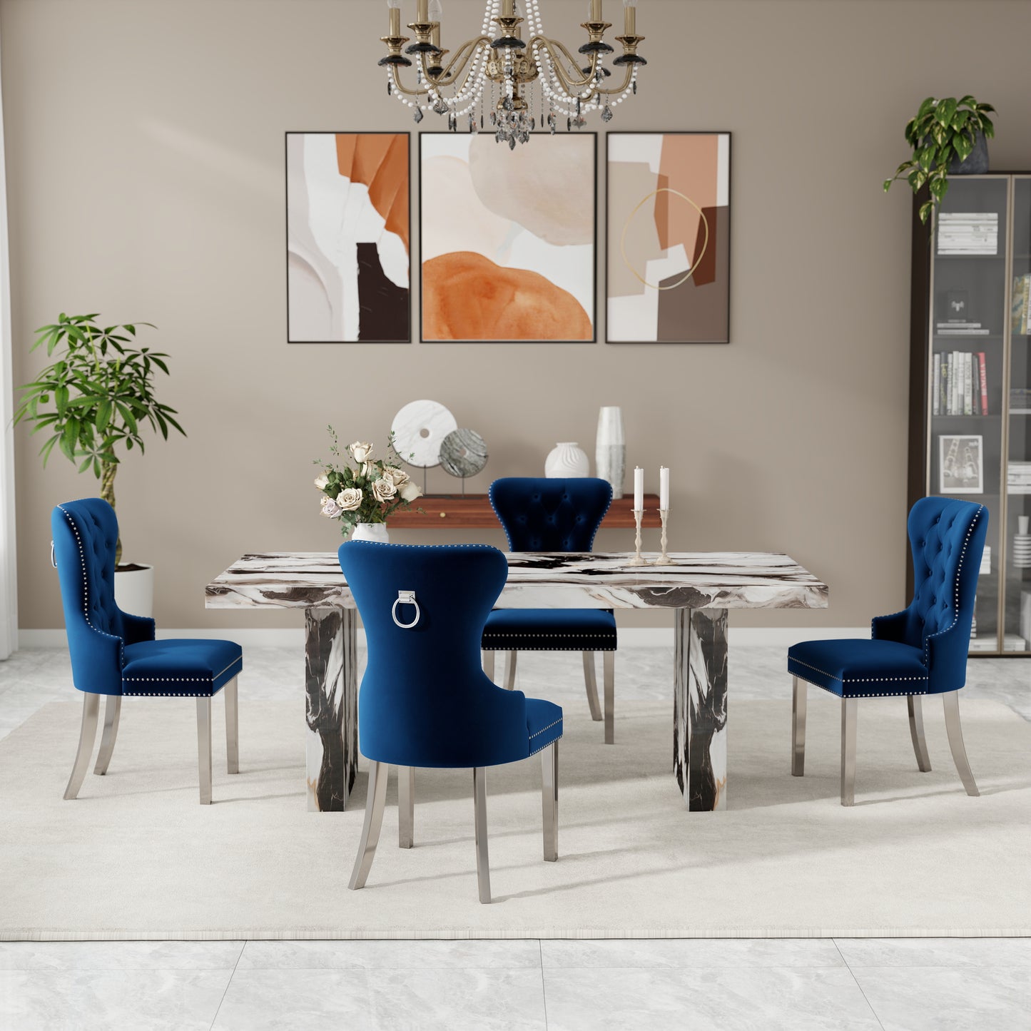 Roundhill Furniture Cavira Modern Dining Set, Faux Marble Dining Table with Four Chairs
