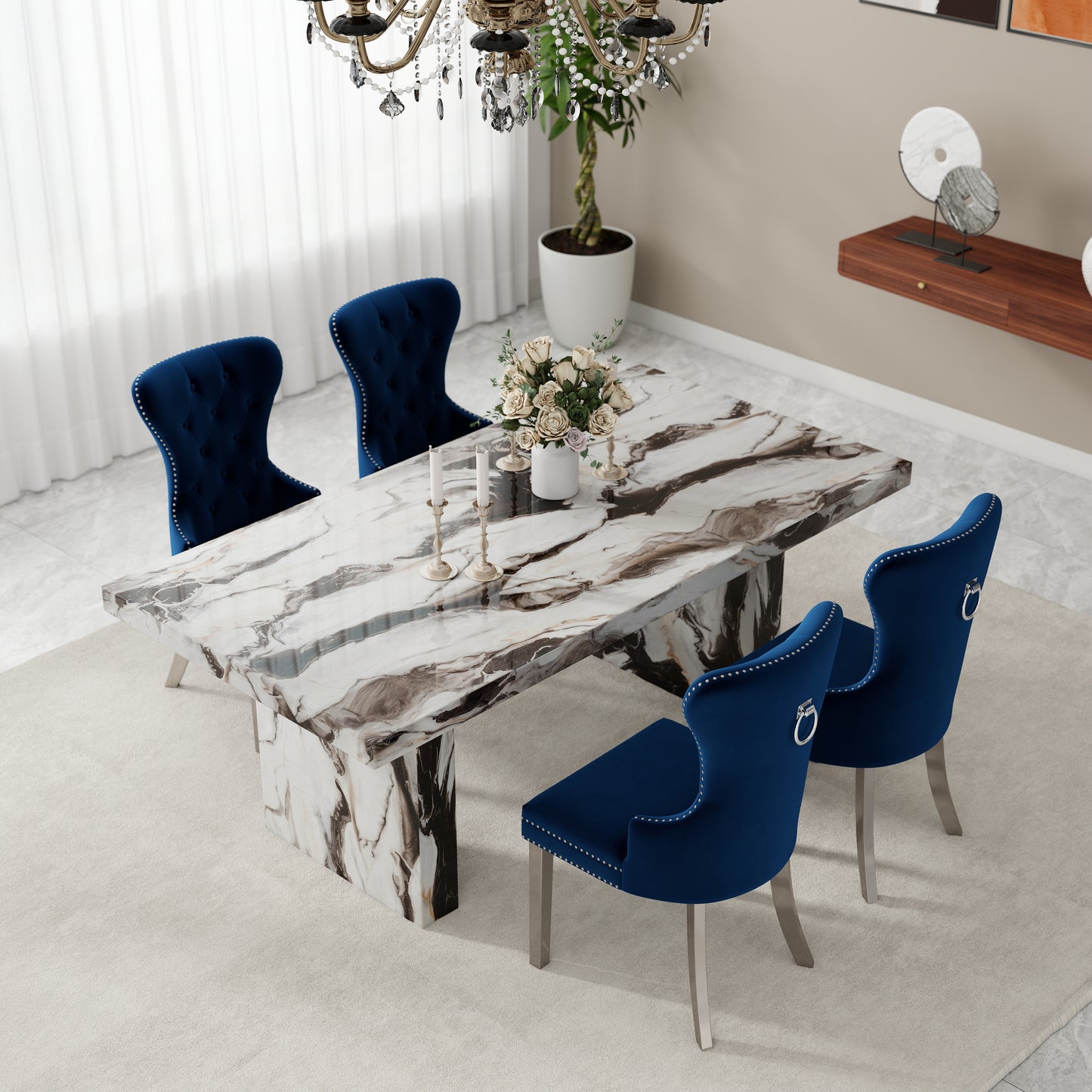 Roundhill Furniture Cavira Modern Dining Set, Faux Marble Dining Table with Four Chairs