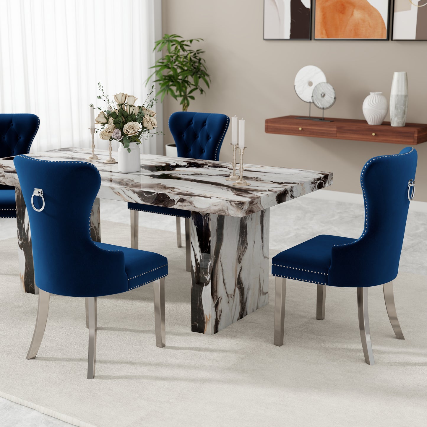 Roundhill Furniture Cavira Modern Dining Set, Faux Marble Dining Table with Four Chairs