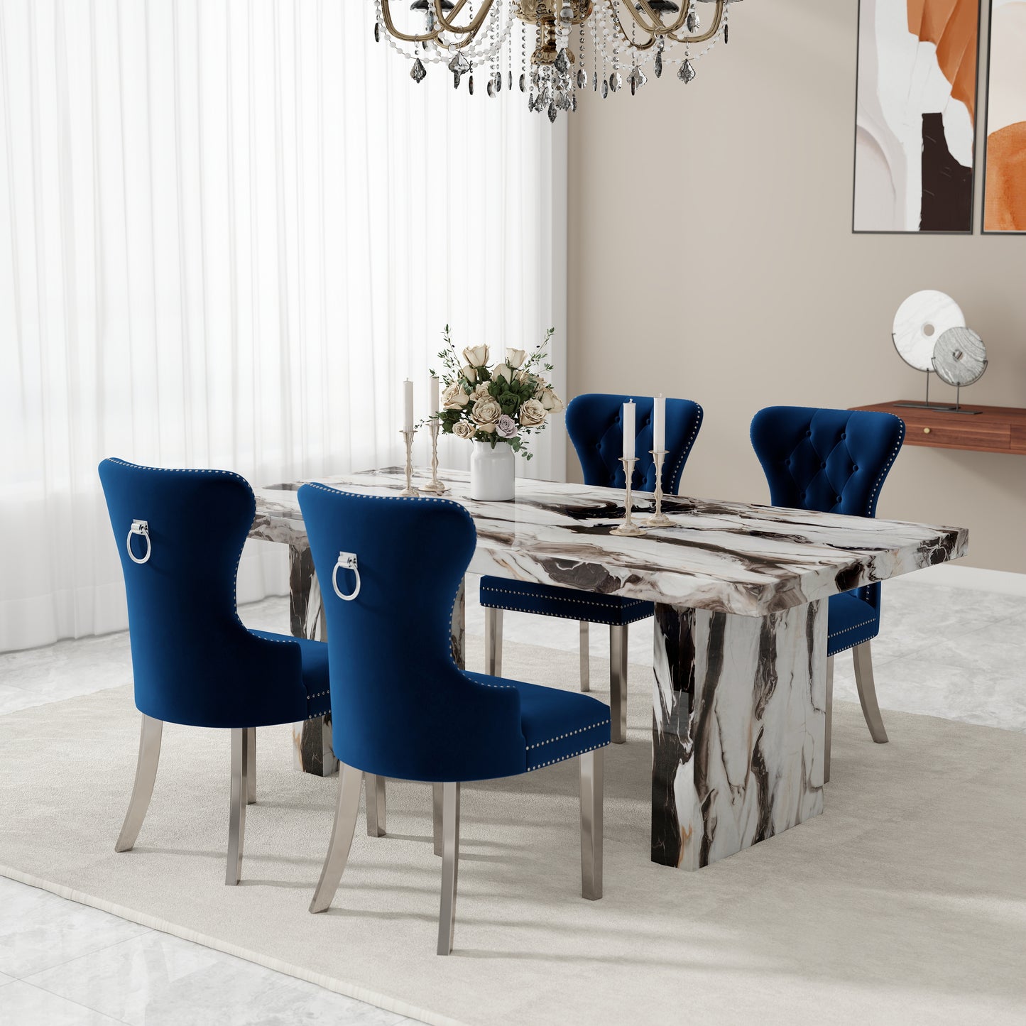 Roundhill Furniture Cavira Modern Dining Set, Faux Marble Dining Table with Four Chairs