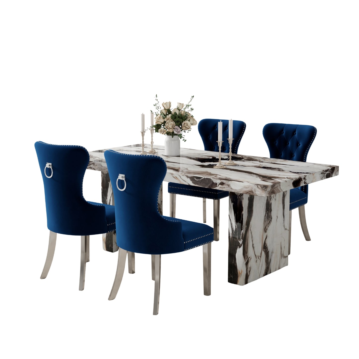 Roundhill Furniture Cavira Modern Dining Set, Faux Marble Dining Table with Four Chairs