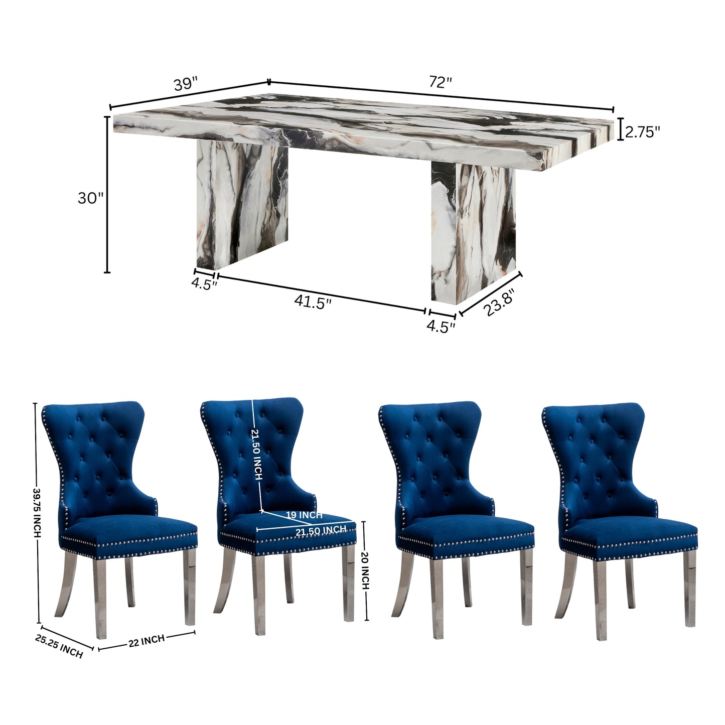 Roundhill Furniture Cavira Modern Dining Set, Faux Marble Dining Table with Four Chairs