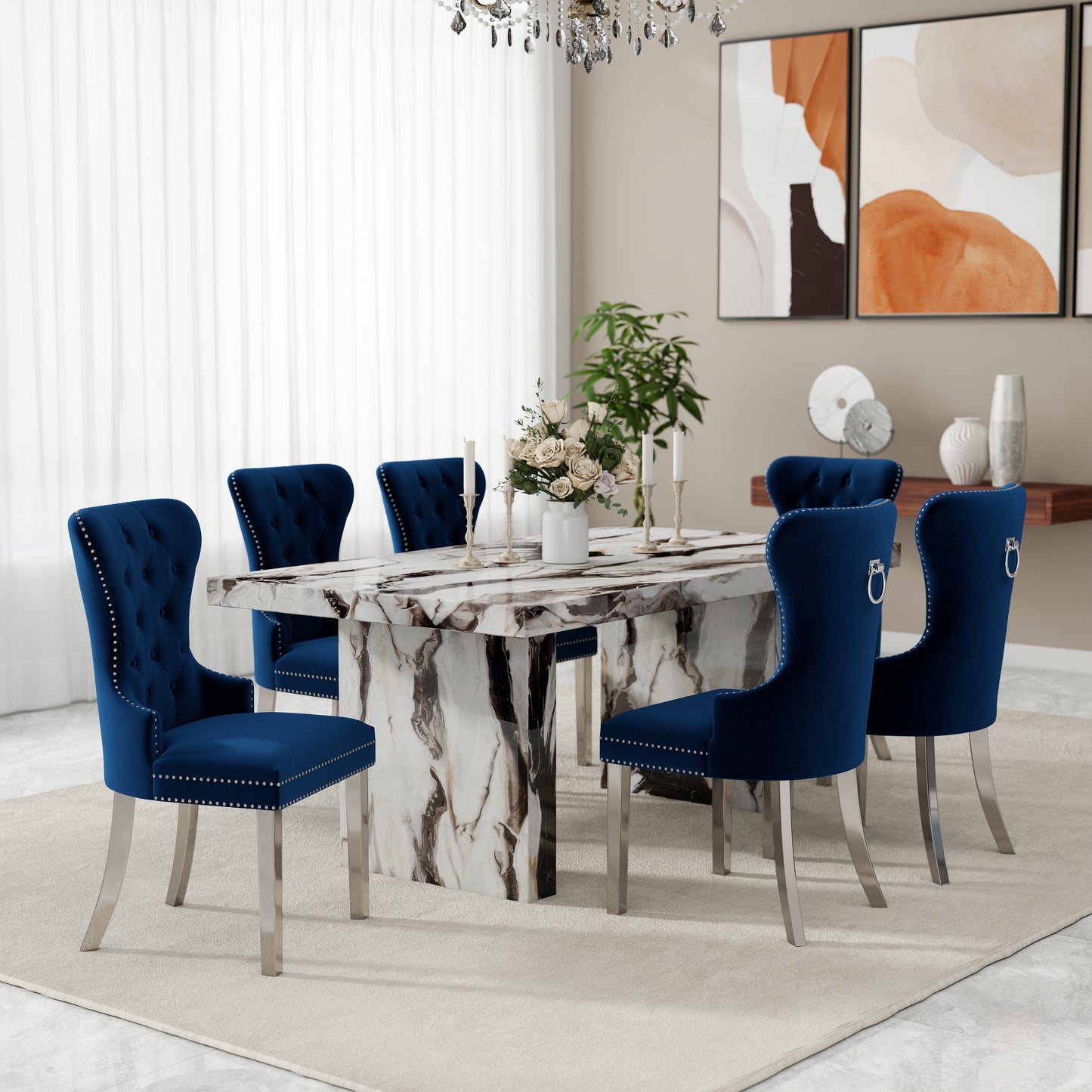 Roundhill Furniture Cavira Modern Dining Set, Faux Marble Dining Table with Four Chairs