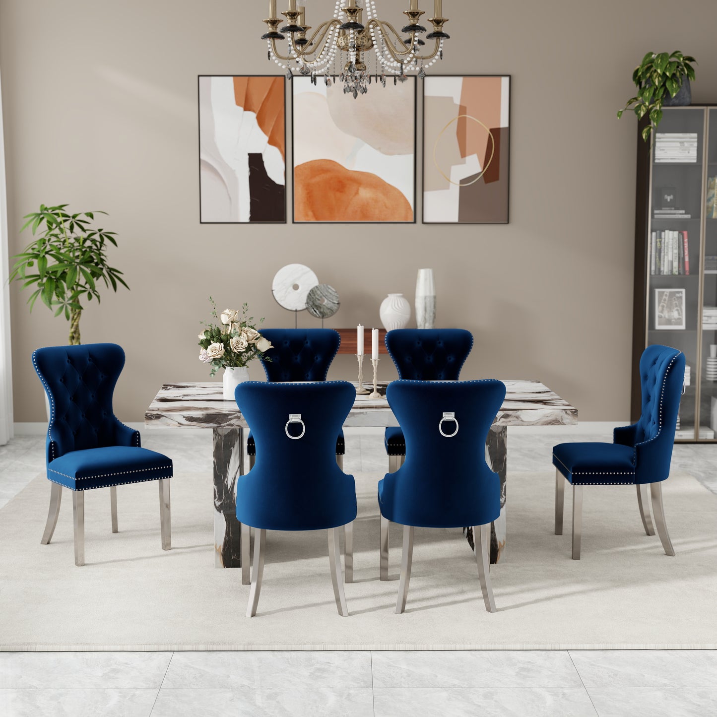 Roundhill Furniture Cavira Modern Dining Set, Faux Marble Dining Table with Four Chairs