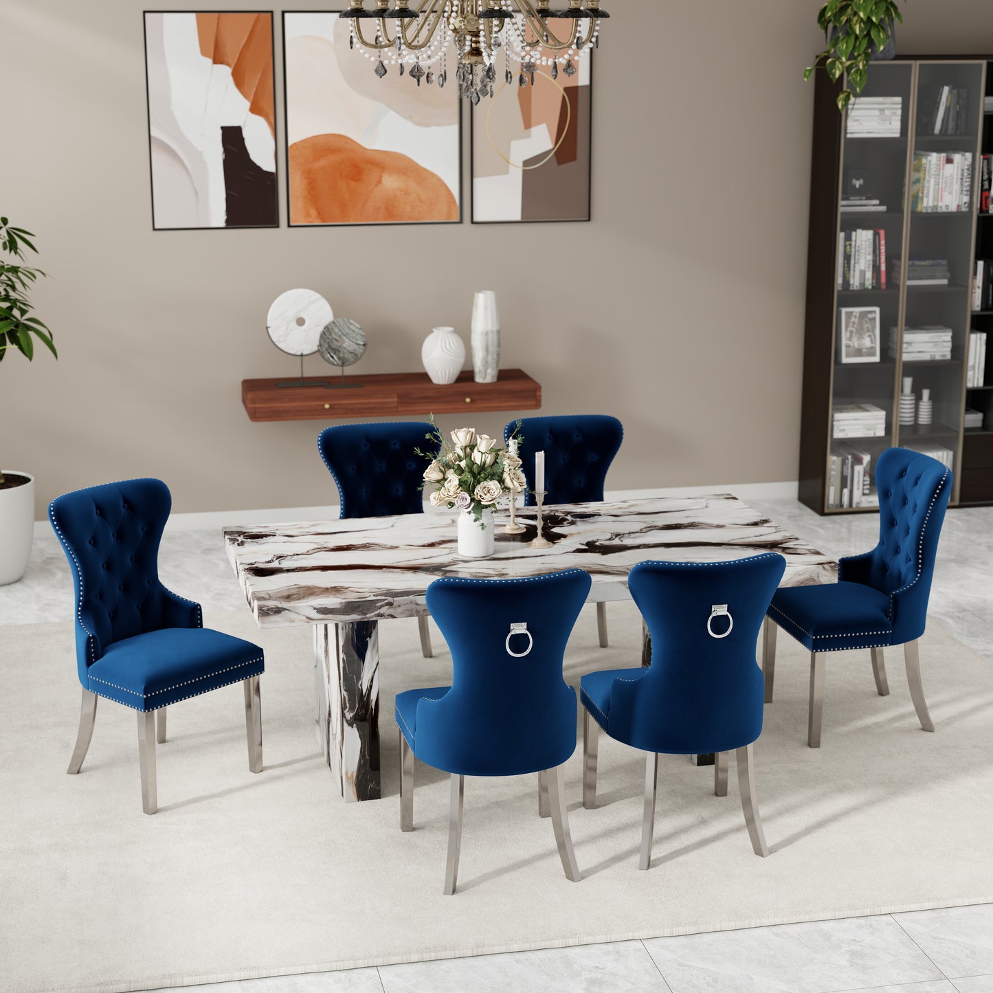 Roundhill Furniture Cavira Modern Dining Set, Faux Marble Dining Table with Four Chairs