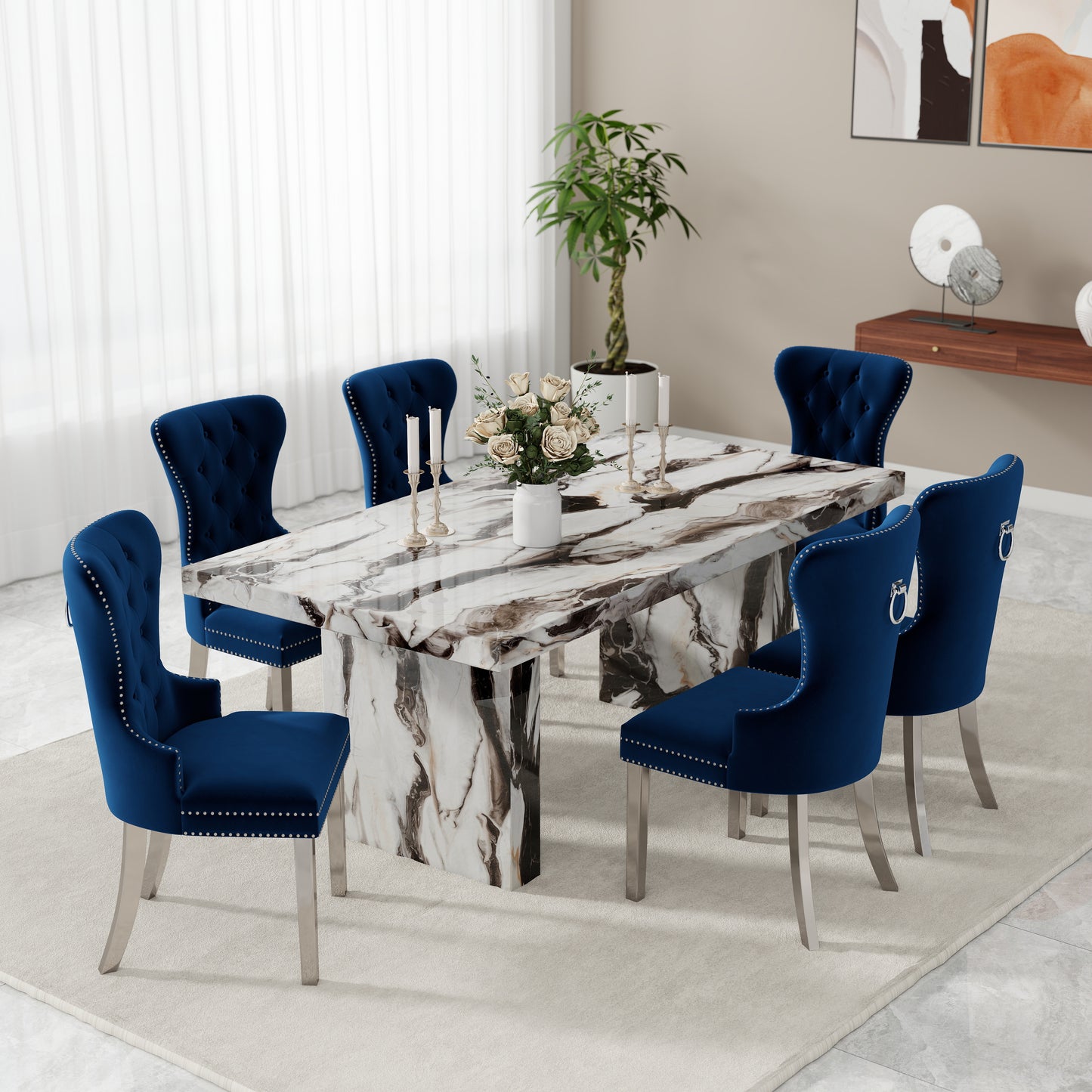 Roundhill Furniture Cavira Modern Dining Set, Faux Marble Dining Table with Four Chairs