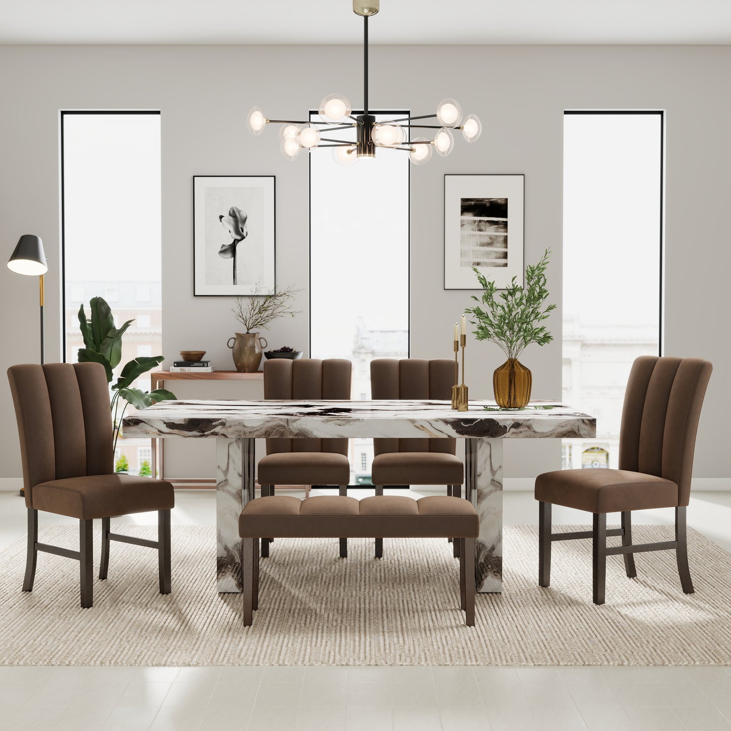 Roundhill Furniture Cavira 6-Piece Modern Faux Marble Dining Set, Double Pedestal Table with 4 Upholstered Chairs and a Bench
