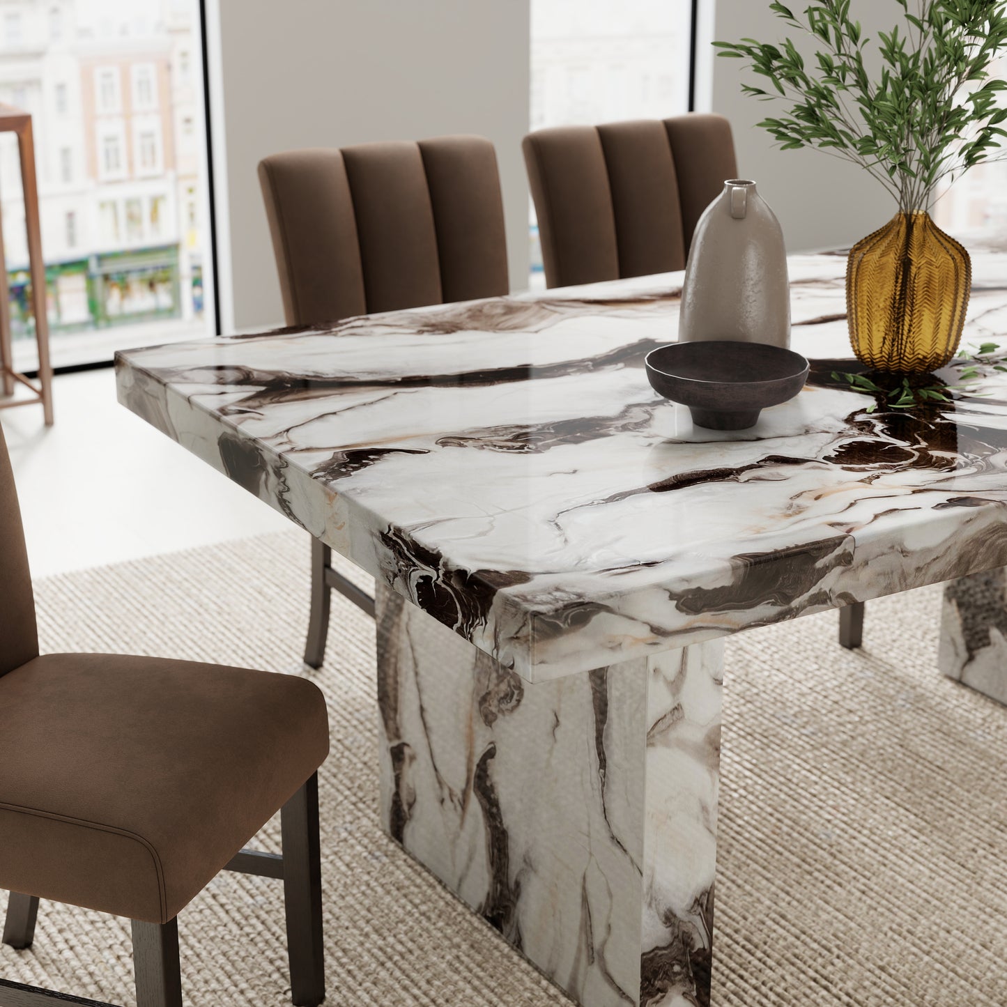 Roundhill Furniture Cavira 6-Piece Modern Faux Marble Dining Set, Double Pedestal Table with 4 Upholstered Chairs and a Bench