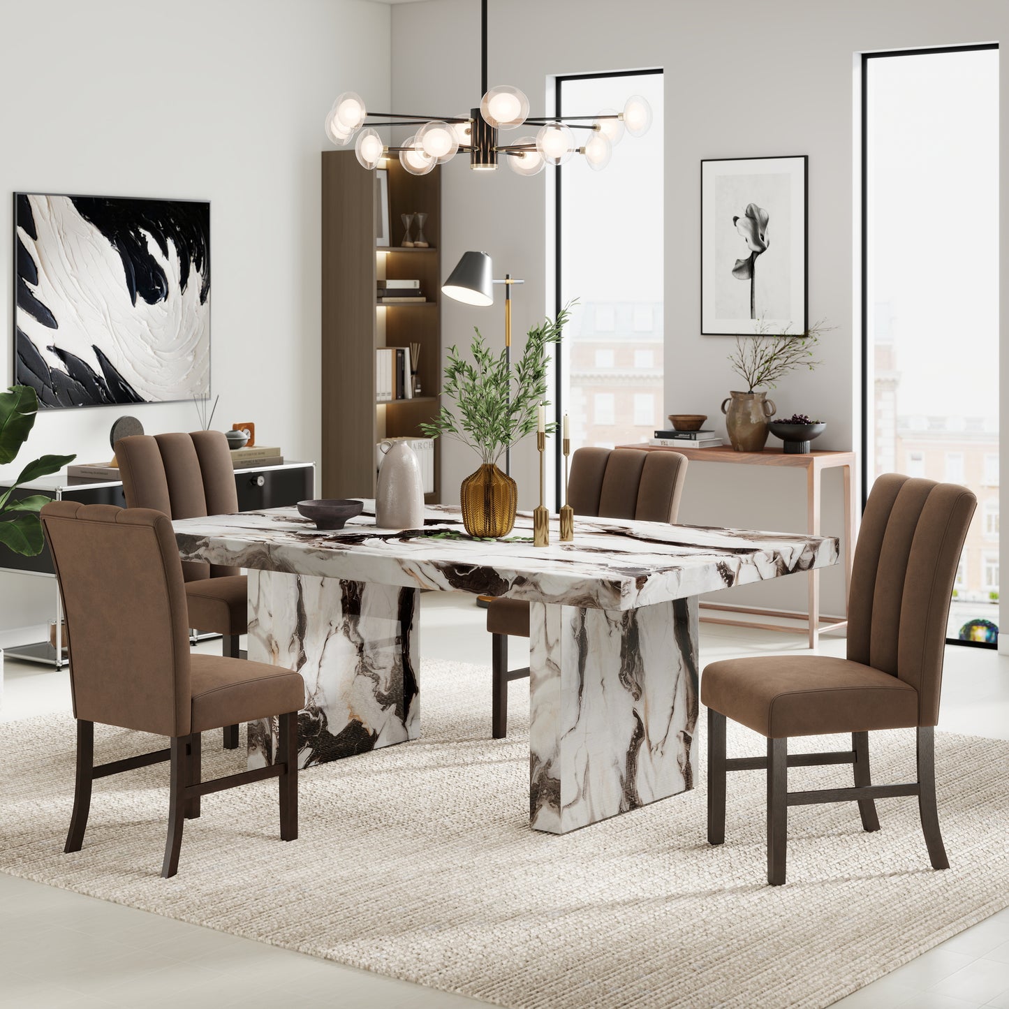 Roundhill Furniture Cavira 5-Piece Modern Faux Marble Dining Set, Double Pedestal Table with 4 Upholstered Chairs