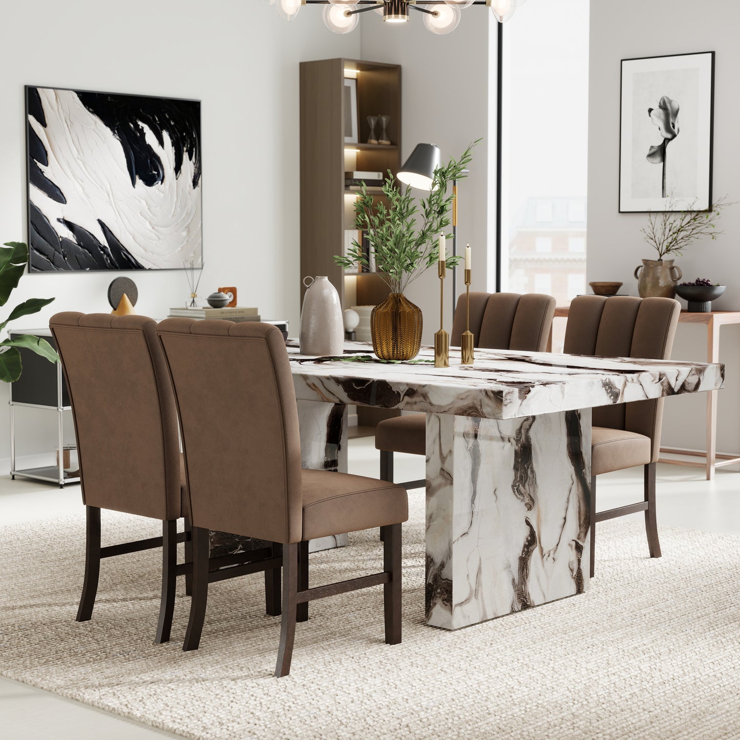Roundhill Furniture Cavira 5-Piece Modern Faux Marble Dining Set, Double Pedestal Table with 4 Upholstered Chairs