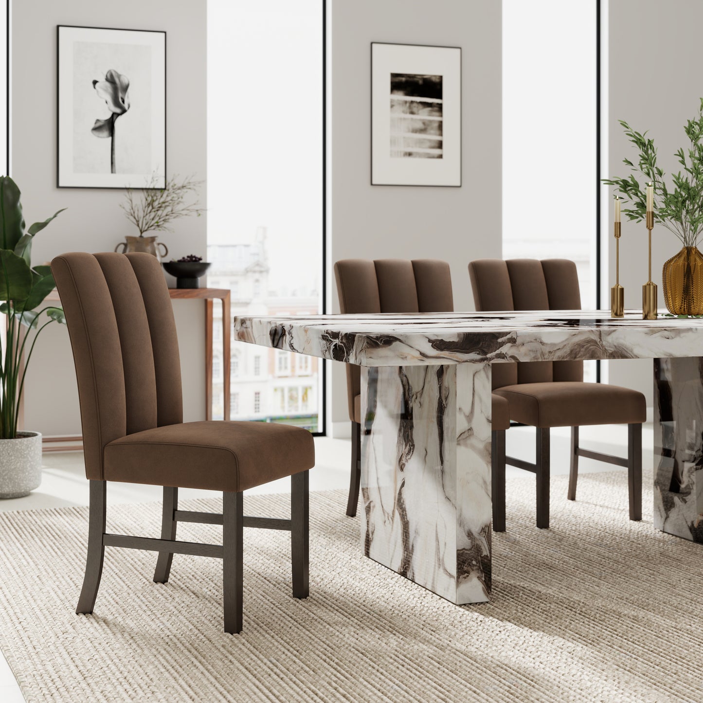 Roundhill Furniture Cavira 5-Piece Modern Faux Marble Dining Set, Double Pedestal Table with 4 Upholstered Chairs