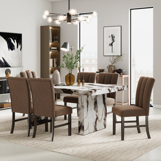 Roundhill Furniture Cavira 7-Piece Modern Faux Marble Dining Set, Double Pedestal Table with 6 Upholstered Chairs