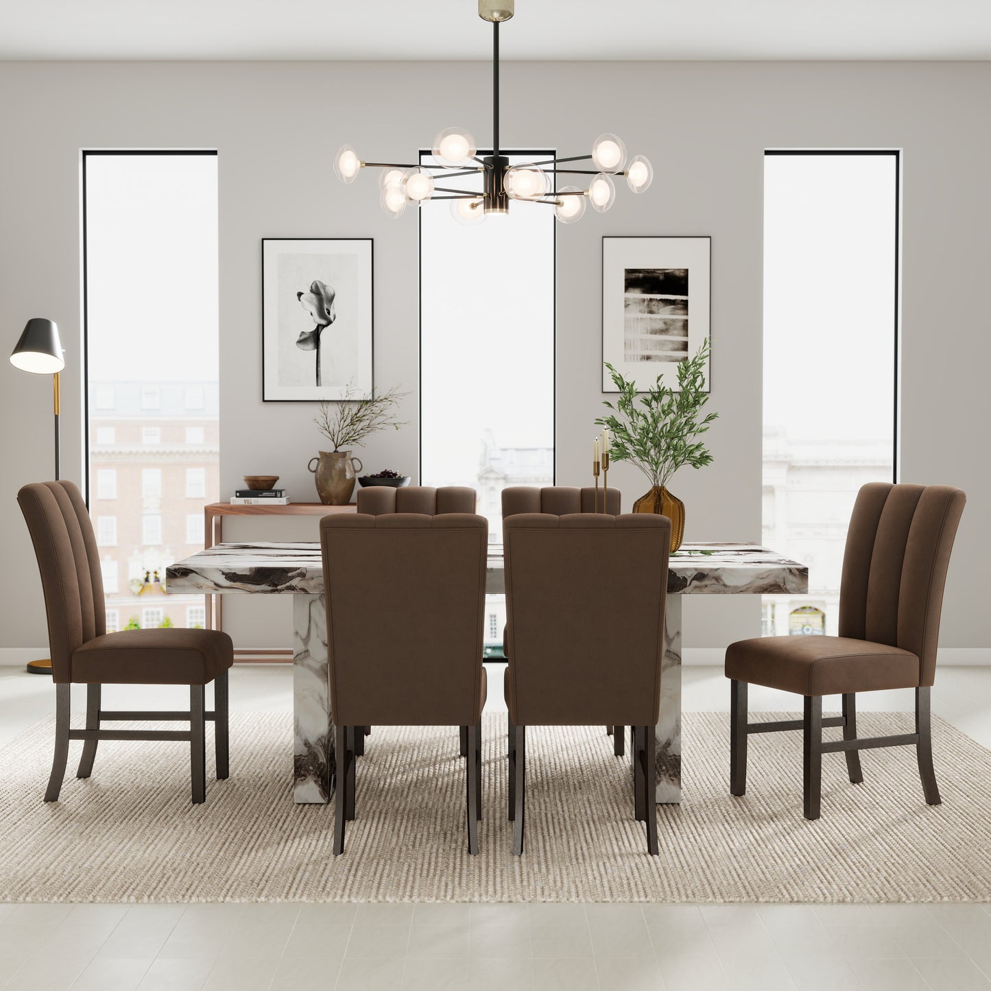 Roundhill Furniture Cavira 7-Piece Modern Faux Marble Dining Set, Double Pedestal Table with 6 Upholstered Chairs