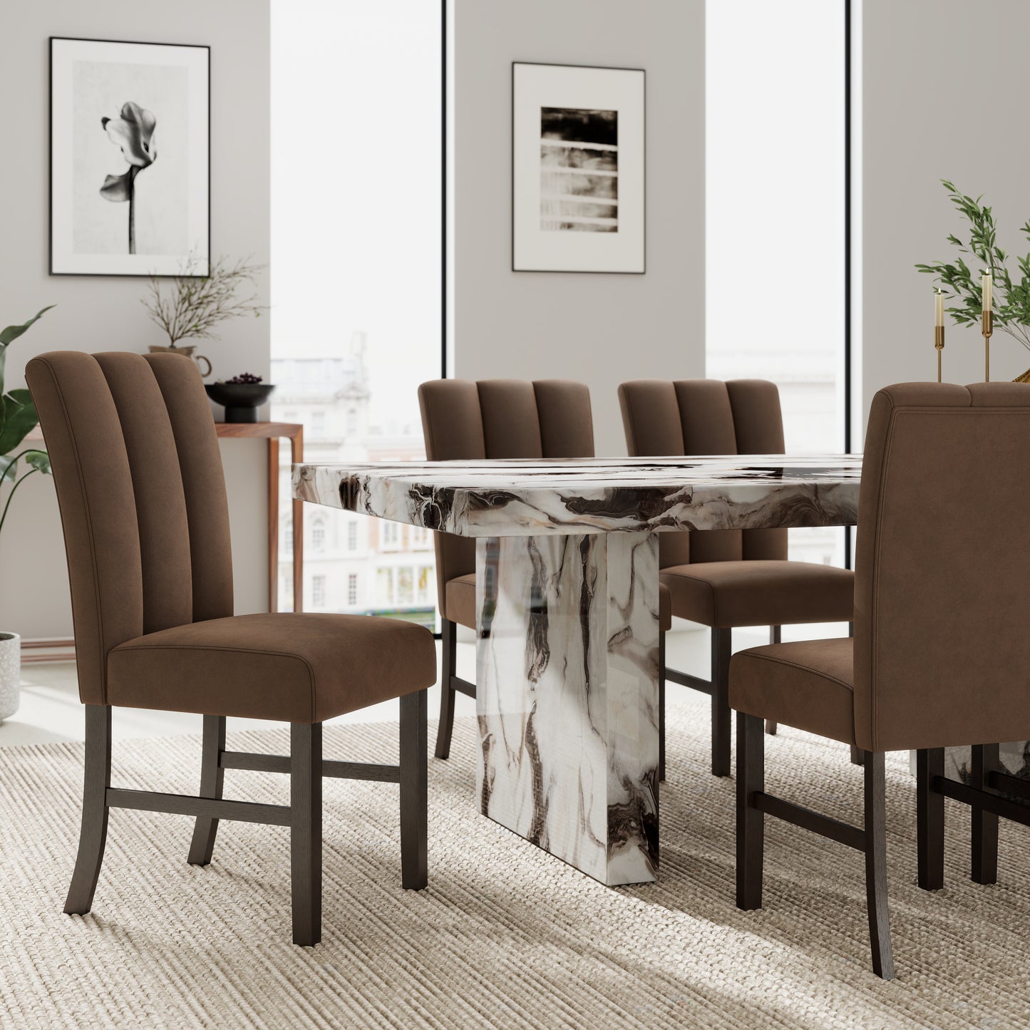 Roundhill Furniture Cavira 7-Piece Modern Faux Marble Dining Set, Double Pedestal Table with 6 Upholstered Chairs