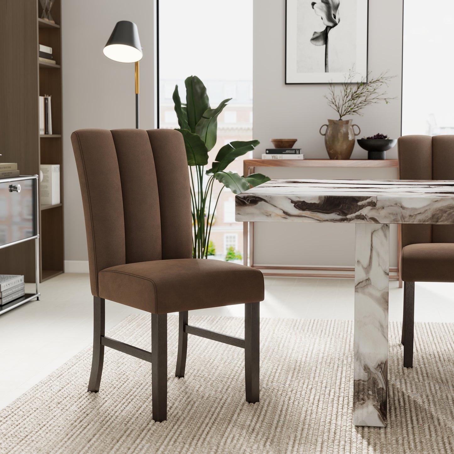 Roundhill Furniture Cavira 7-Piece Modern Faux Marble Dining Set, Double Pedestal Table with 6 Upholstered Chairs