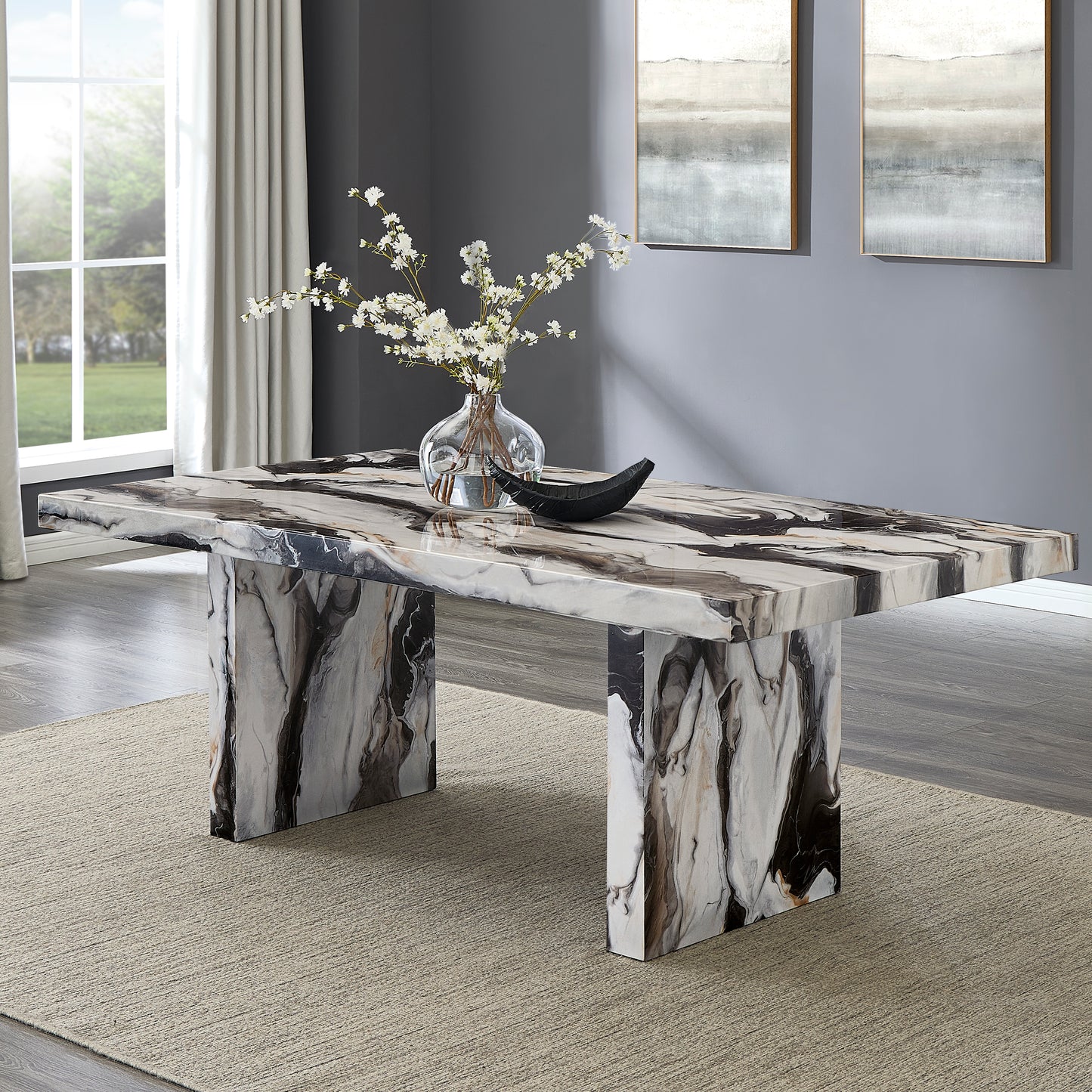 Roundhill Furniture Cavira 7-Piece Modern Faux Marble Dining Set, Double Pedestal Table with 6 Upholstered Chairs