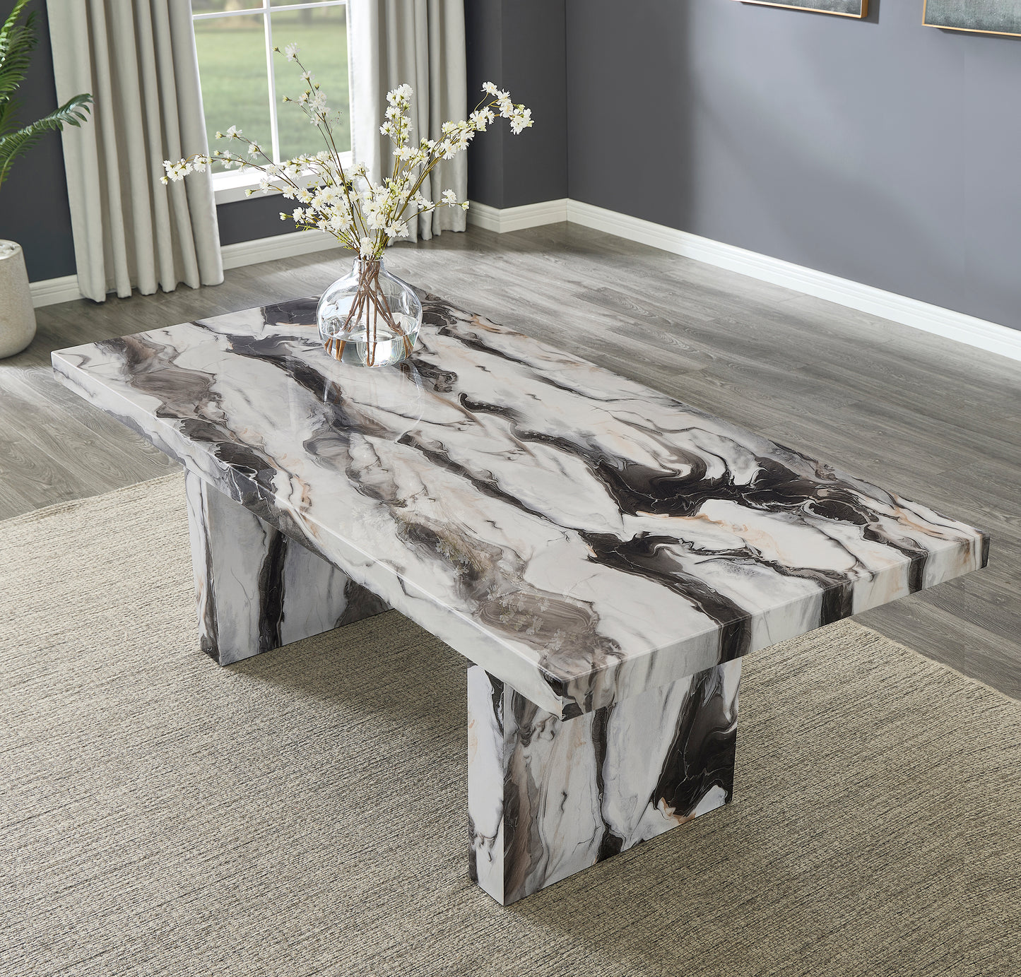 Roundhill Furniture Cavira 7-Piece Modern Faux Marble Dining Set, Double Pedestal Table with 6 Upholstered Chairs