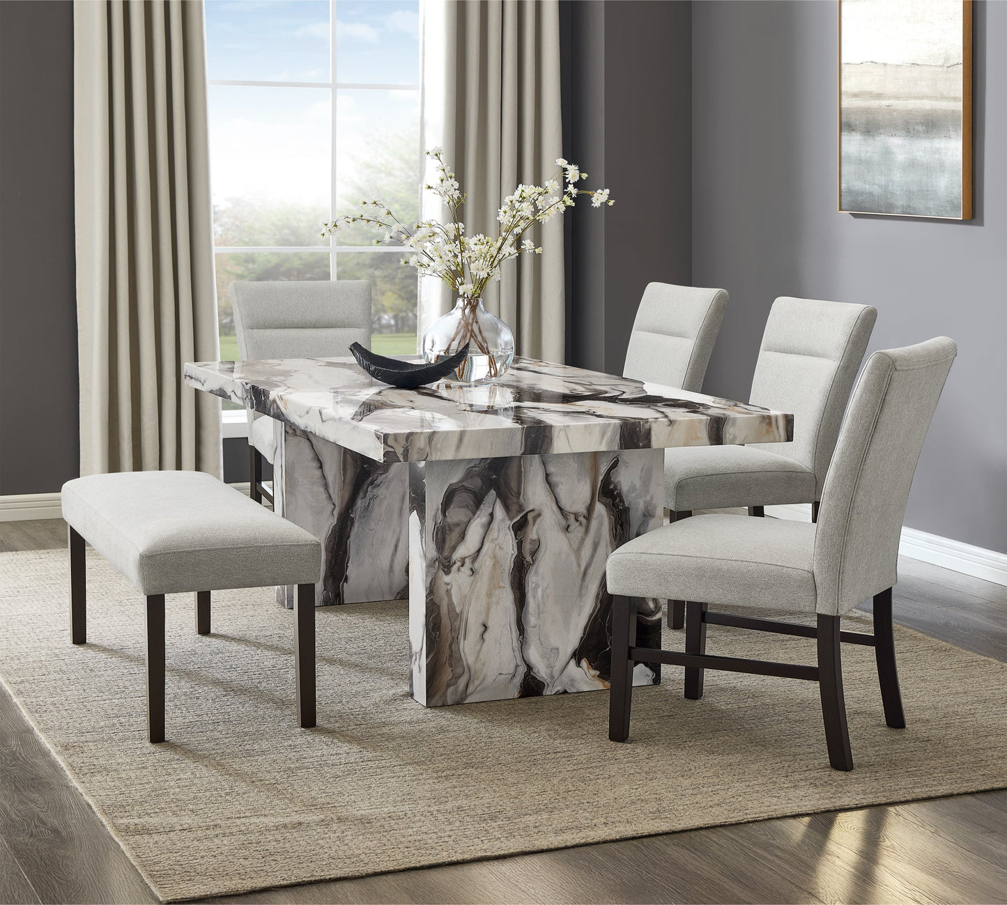 Roundhill Furniture Cavira Modern Faux Marble Dining Table with 4 Chairs and Bench