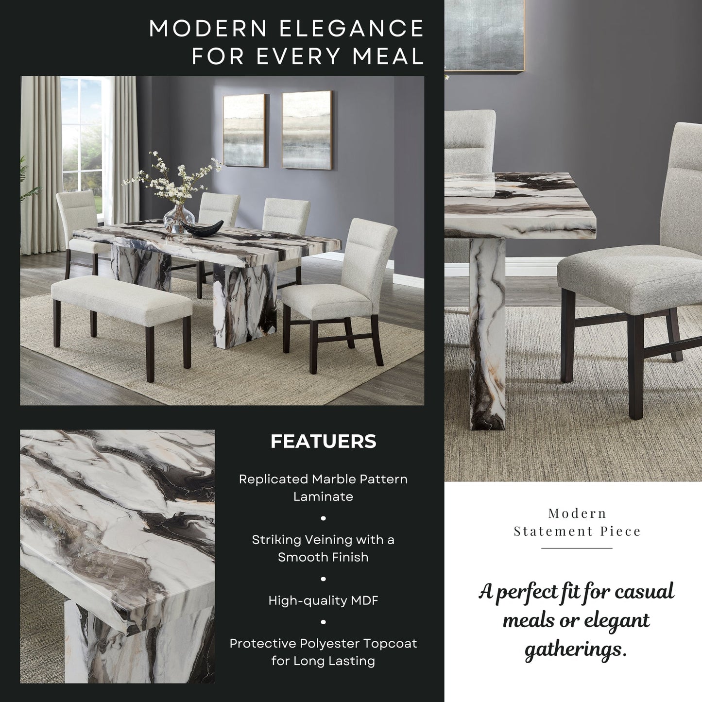 Roundhill Furniture Cavira Modern Faux Marble Dining Table with 4 Chairs and Bench