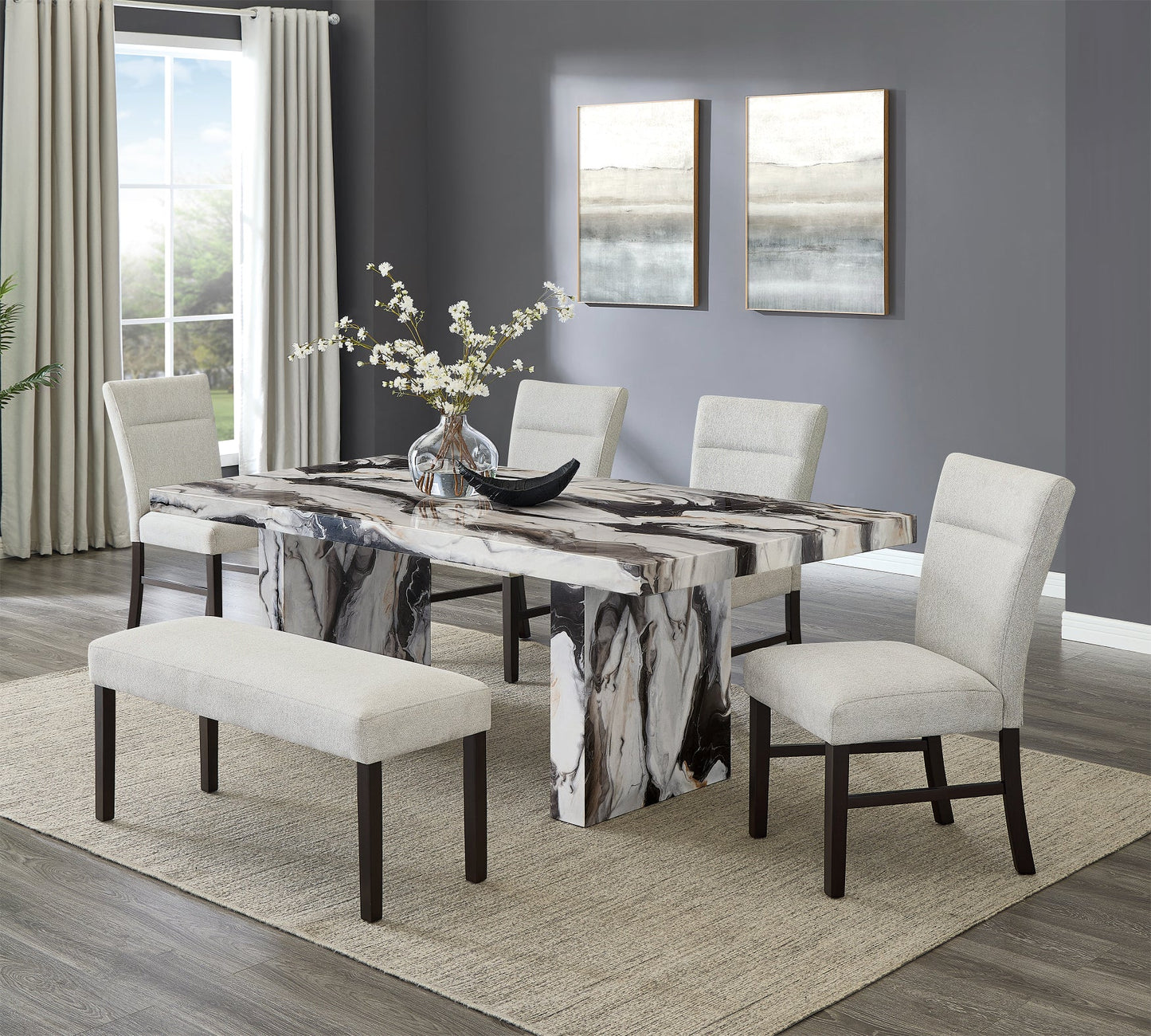 Roundhill Furniture Cavira Modern Faux Marble Dining Table with 4 Chairs and Bench