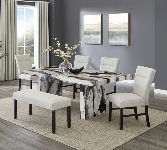 Roundhill Furniture Cavira Modern Faux Marble Dining Table with 4 Chairs and Bench