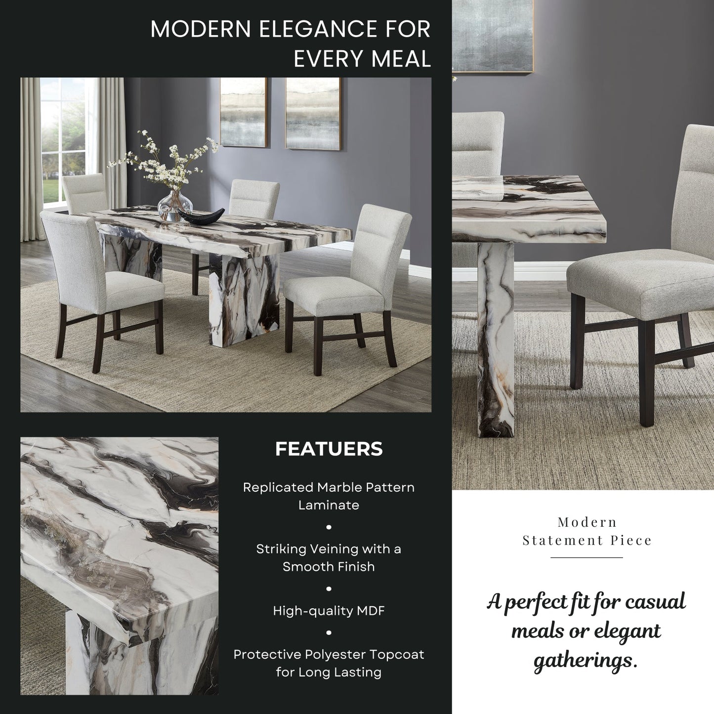 Roundhill Furniture Cavira Modern Faux Marble Dining Table with 4 Chairs