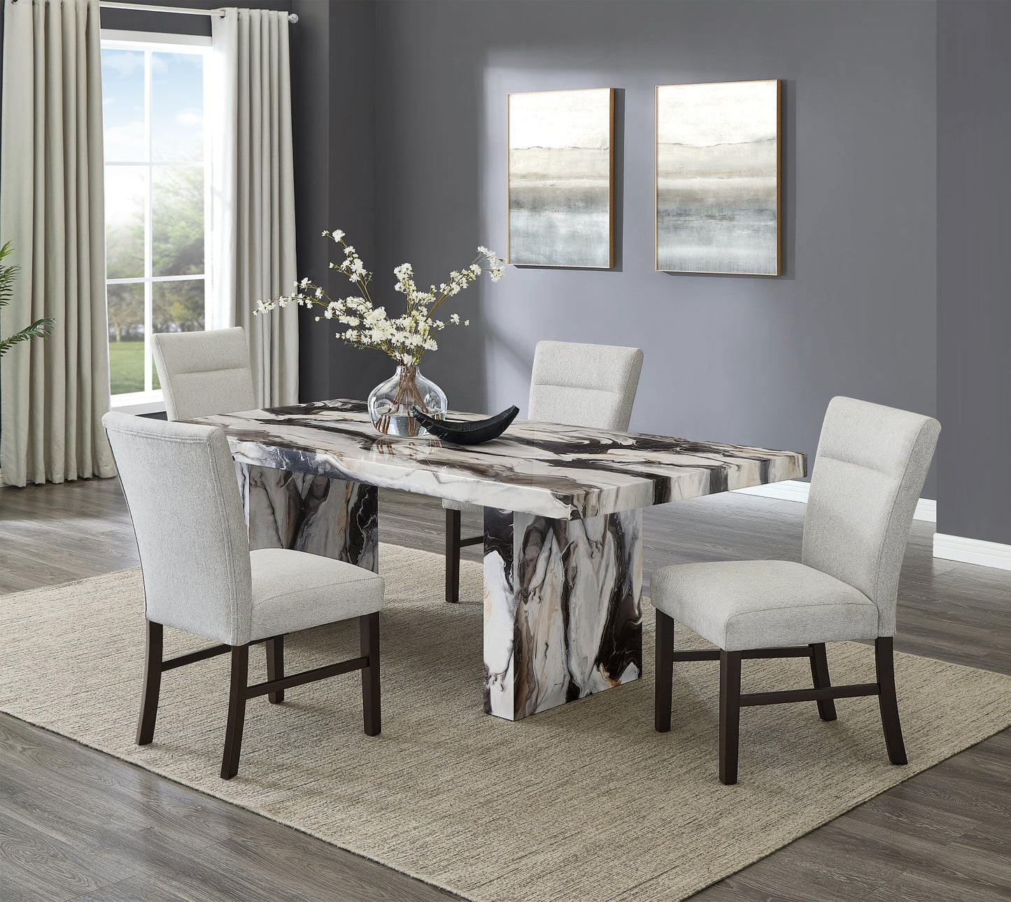 Roundhill Furniture Cavira Modern Faux Marble Dining Table with 4 Chairs
