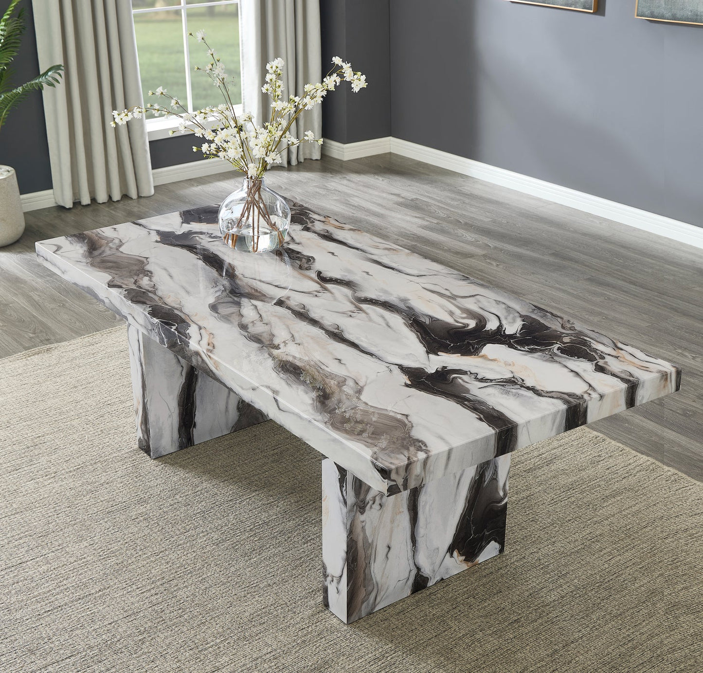 Roundhill Furniture Cavira Modern Faux Marble Dining Table with Double Pedestal Base