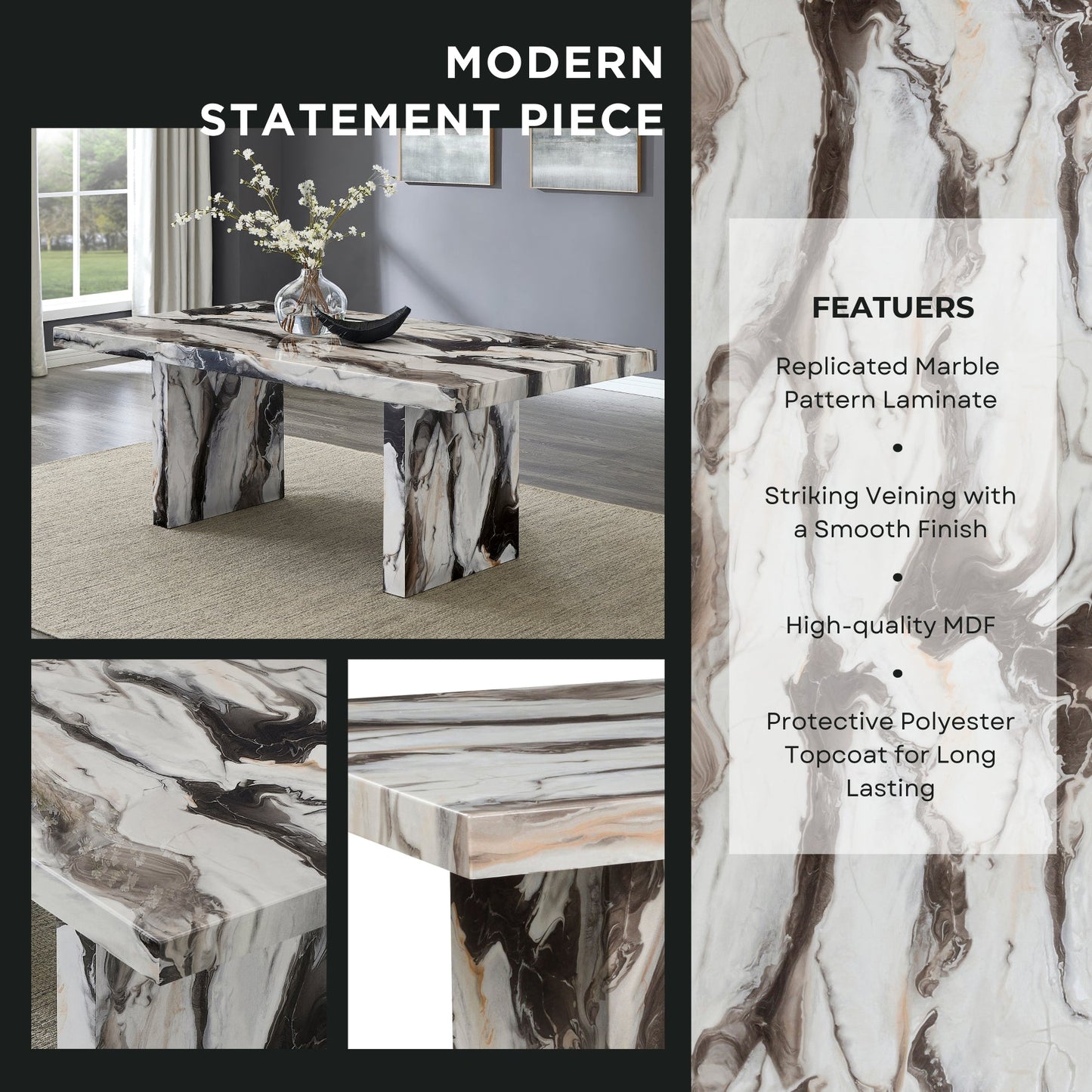 Roundhill Furniture Cavira Modern Faux Marble Dining Table with Double Pedestal Base