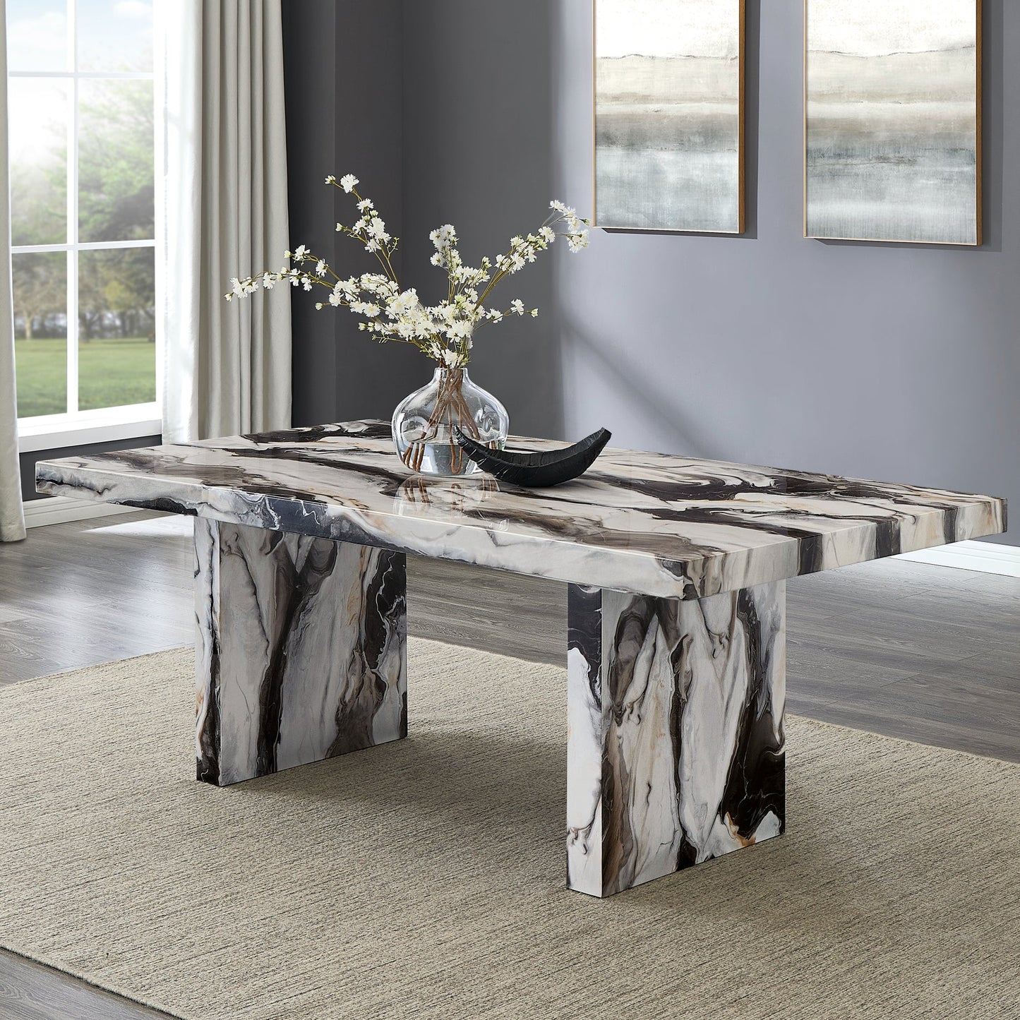 Roundhill Furniture Cavira Modern Faux Marble Dining Table with Double Pedestal Base