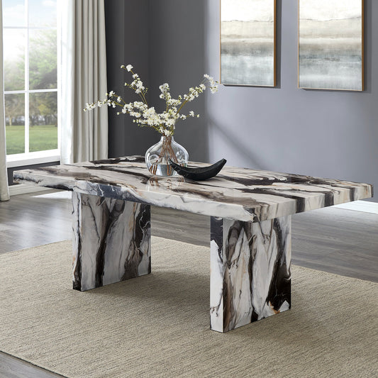 Roundhill Furniture Cavira Modern Faux Marble Dining Table with Double Pedestal Base