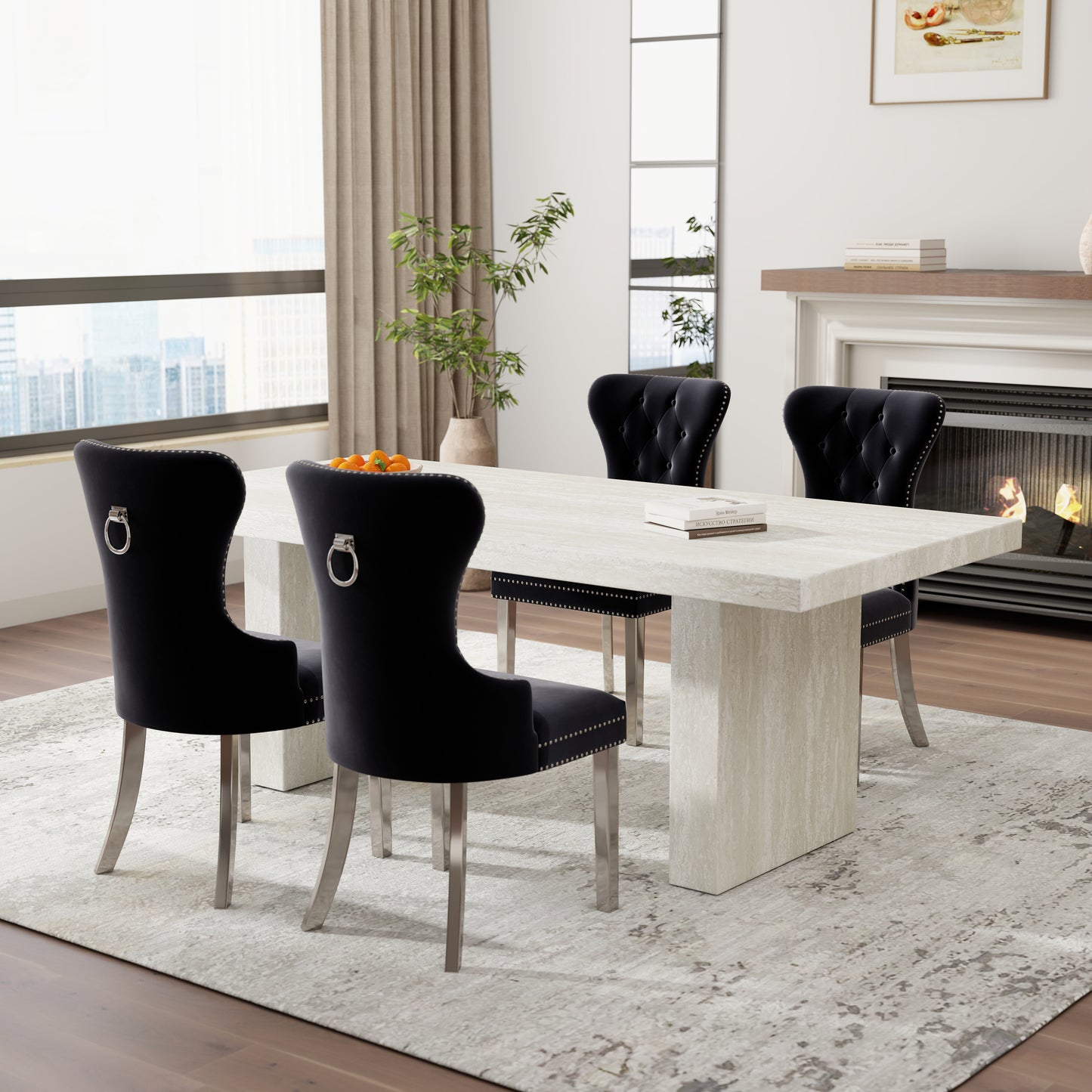 Roundhill Furniture Cavira 5-Piece Modern Dining Set, Faux Marble Dining Table with Four Chairs
