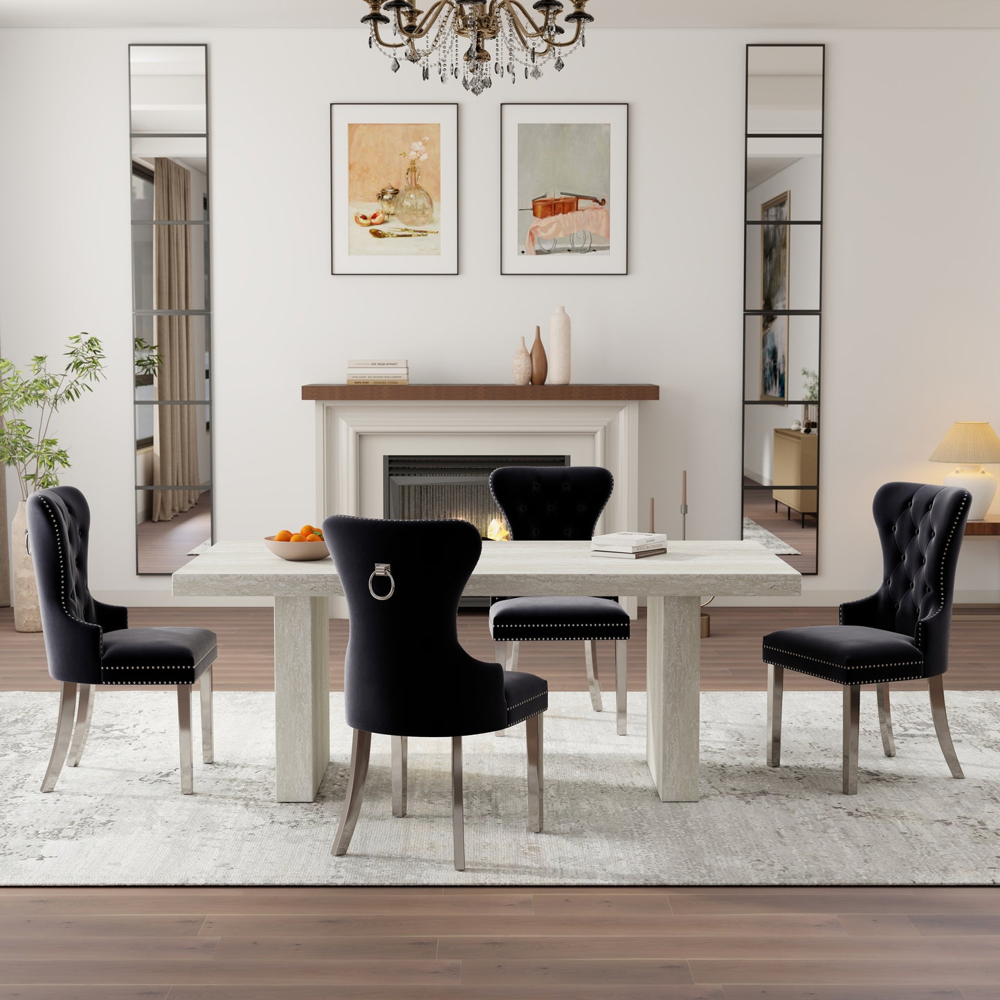 Roundhill Furniture Cavira 5-Piece Modern Dining Set, Faux Marble Dining Table with Four Chairs