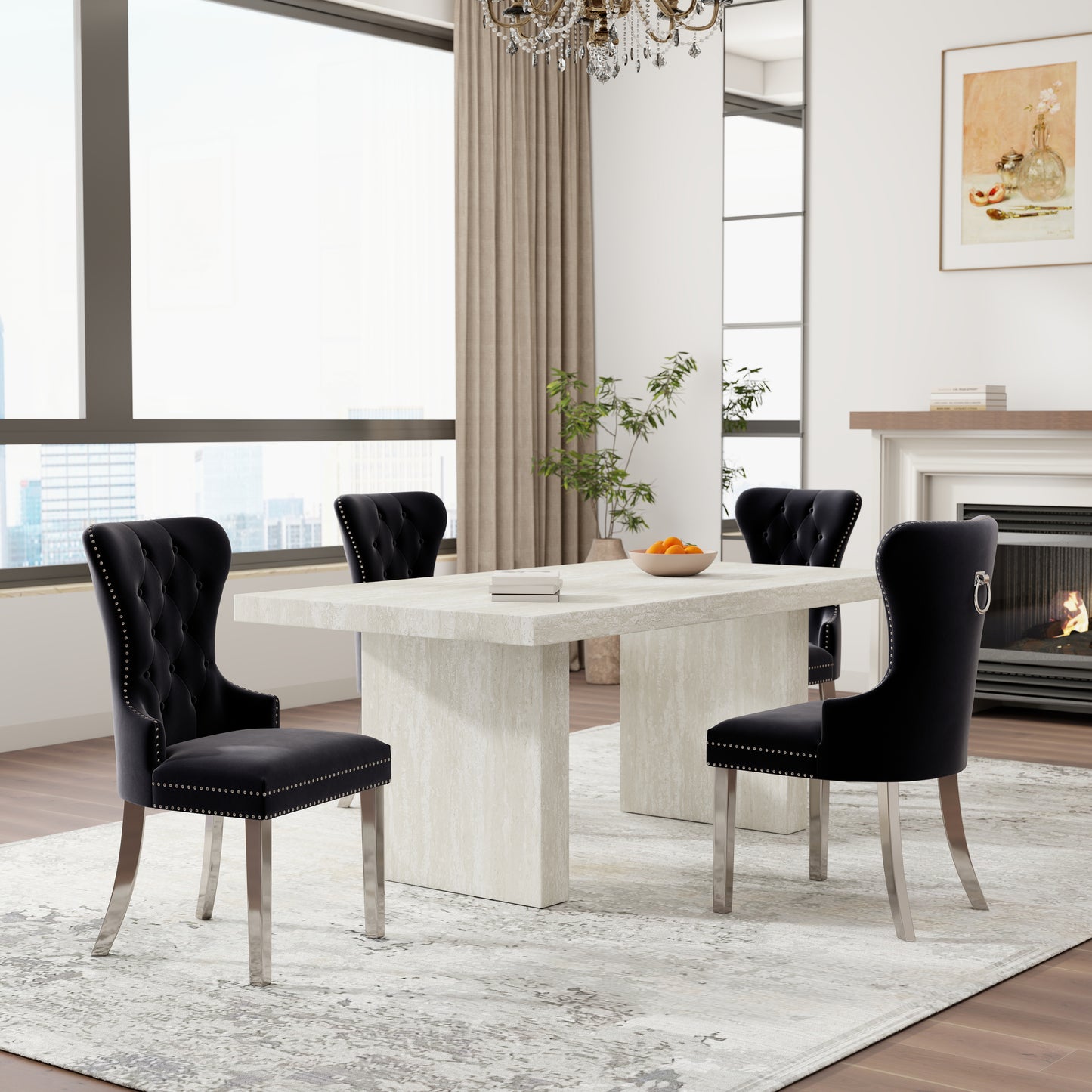 Roundhill Furniture Cavira 5-Piece Modern Dining Set, Faux Marble Dining Table with Four Chairs