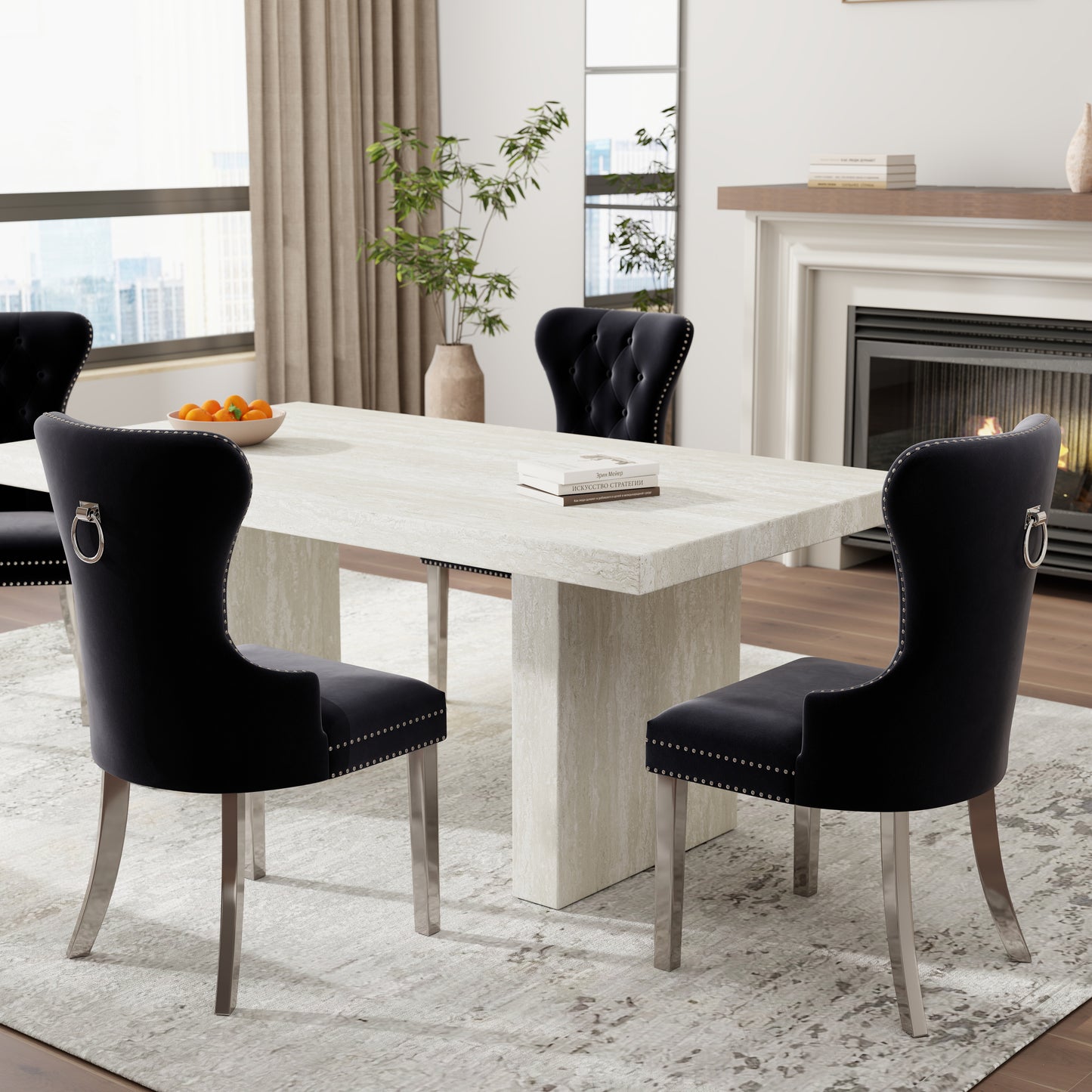 Roundhill Furniture Cavira 5-Piece Modern Dining Set, Faux Marble Dining Table with Four Chairs